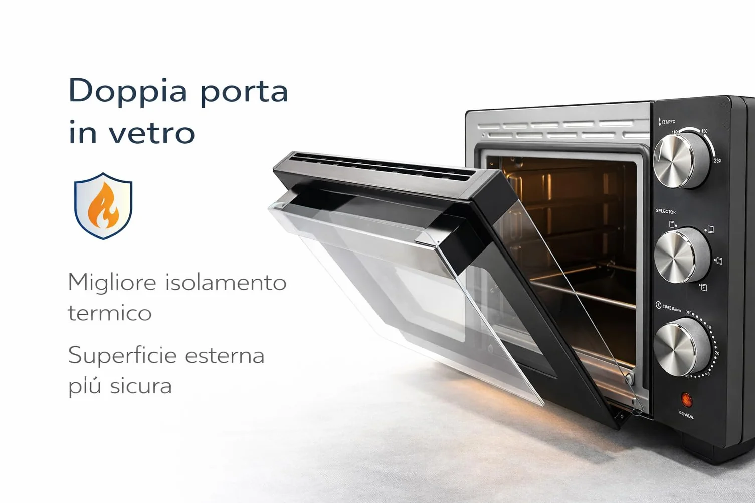 Forno Elettrico Ventilato 52L Doppio Vetro 6 Funzioni Cottura 90-230°C Timer 60 Min Luce Interna Pareti Antiaderenti