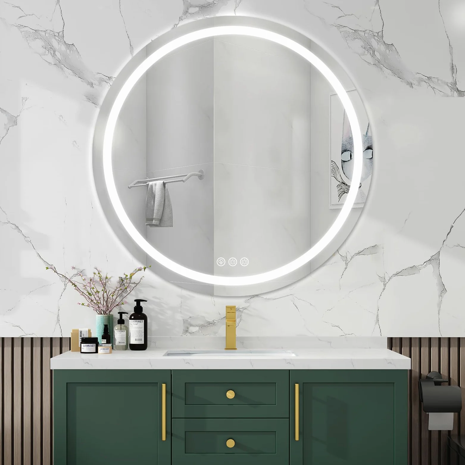 80cm Specchio Bagno Rotondo con Luce LED， Rotondo Specchio da Parete Antideflagrante con Luminosità Regolabile，3 Colori Luce， IP44 impermeabile, vetro temperato