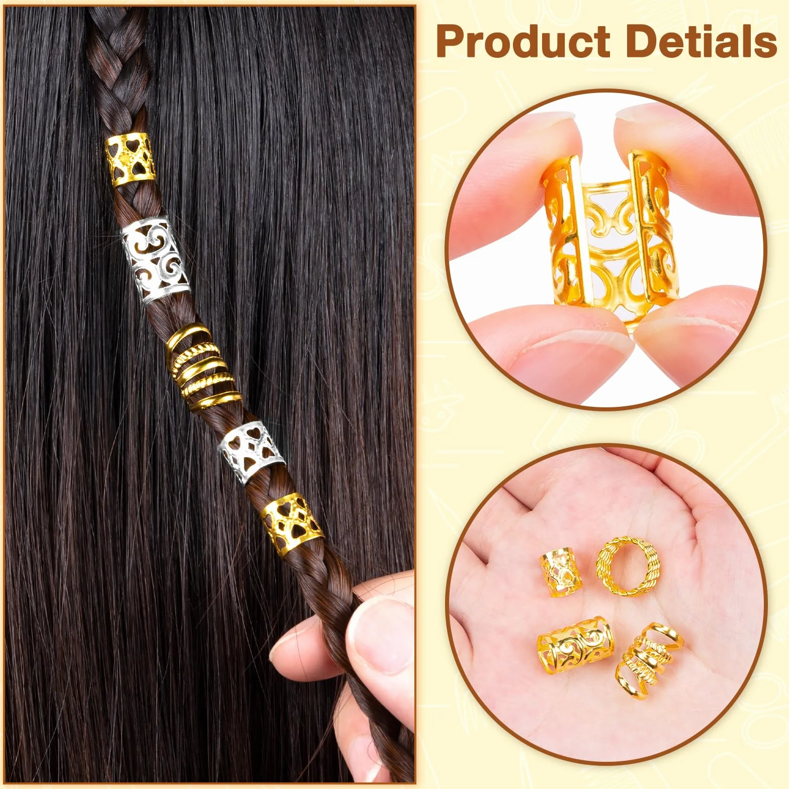 MELLIEX 70 Pezzi Anelli Dreadlock Capelli Treccia Accessori Capelli Metallo Polsini Argento Oro