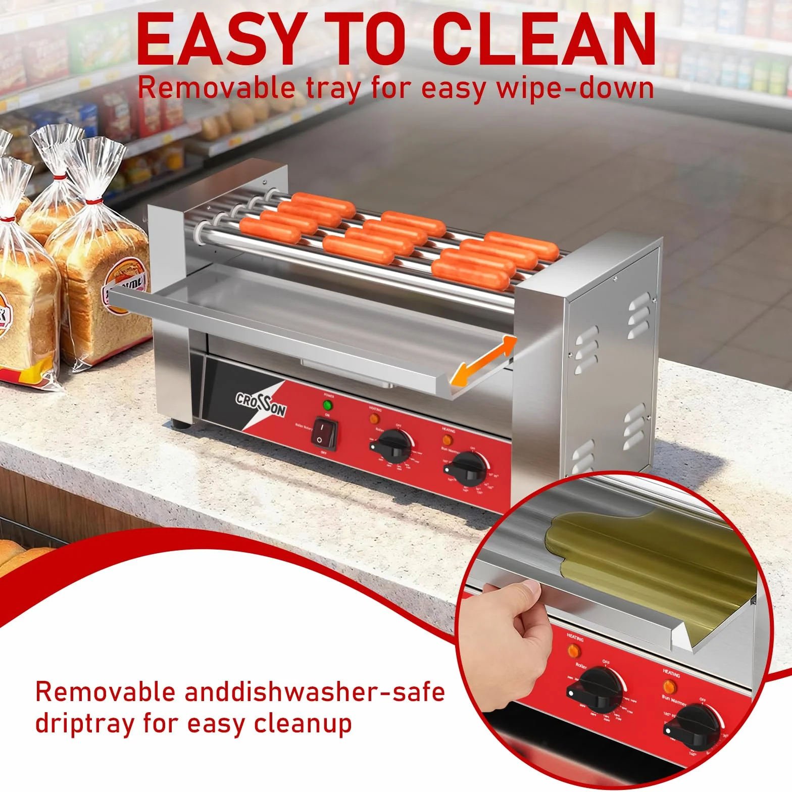 CROSSON Macchina Hot Dog Professionale 5 Rouley con Cassetta Riscaldante per Panini,12 Hotdogs Rullo Elettrico per Hot Dog con Controllo della Temperatura,1050W