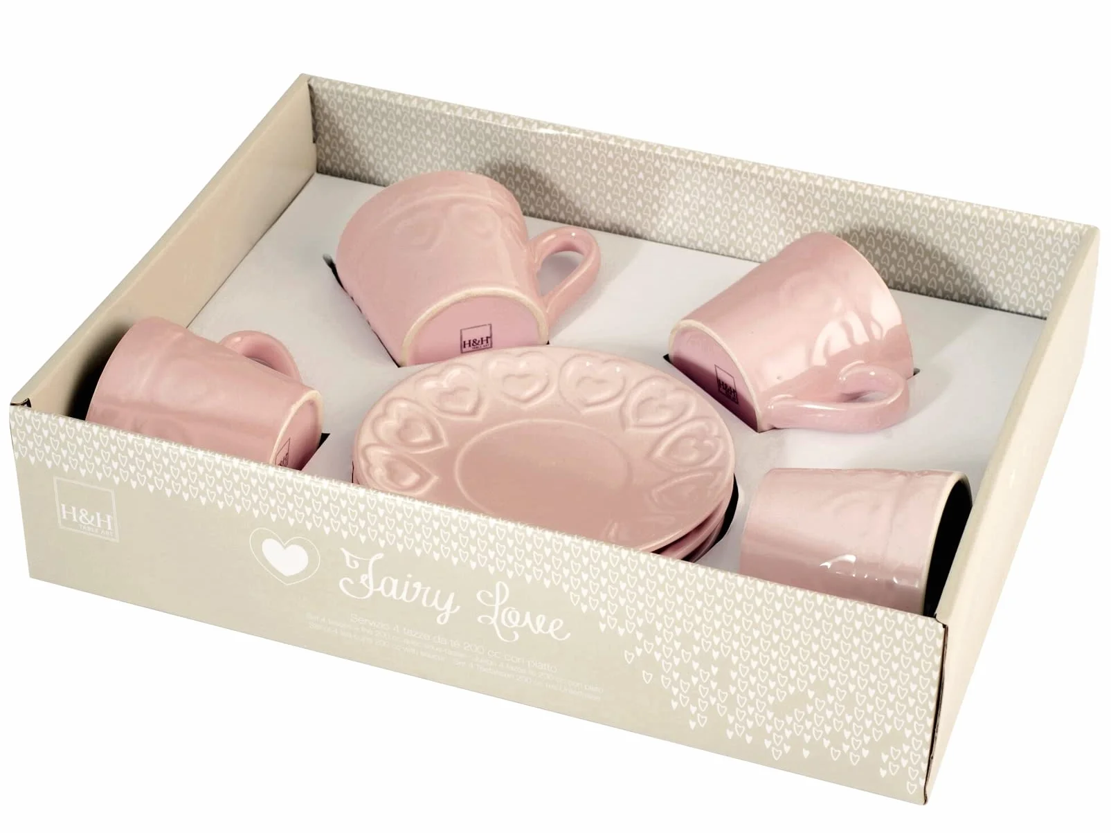 H&H Fairylove Confezione 4 Tazze caffè con Piattino, Stoneware, Rosa, 4 unità