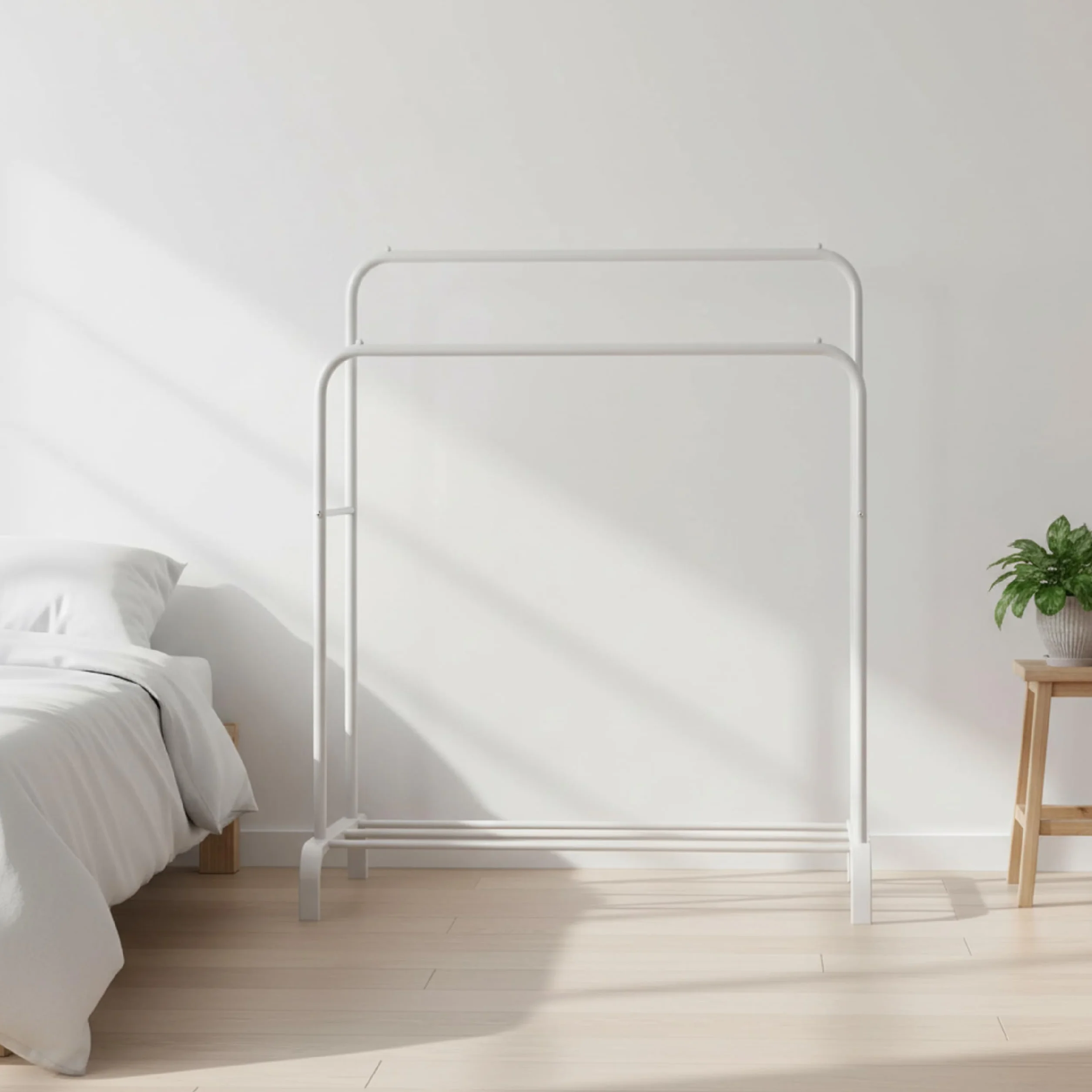 Baroni Home Stand Appendiabiti Metallo, Doppia Barra e Ripiano Inferiore, 110x55x145 cm, Bianco
