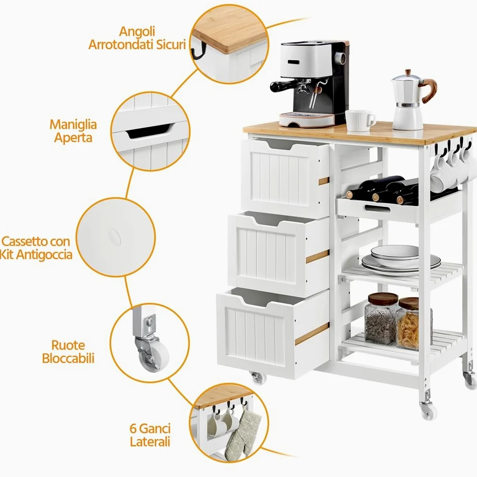 Yaheetech Carrello Cucina con Ruote 3 Cassetti 3 Ripiani in Legno Salvaspazio Bianco Porta Microonde Spezie 67cm x 37cm x 84,5 cm