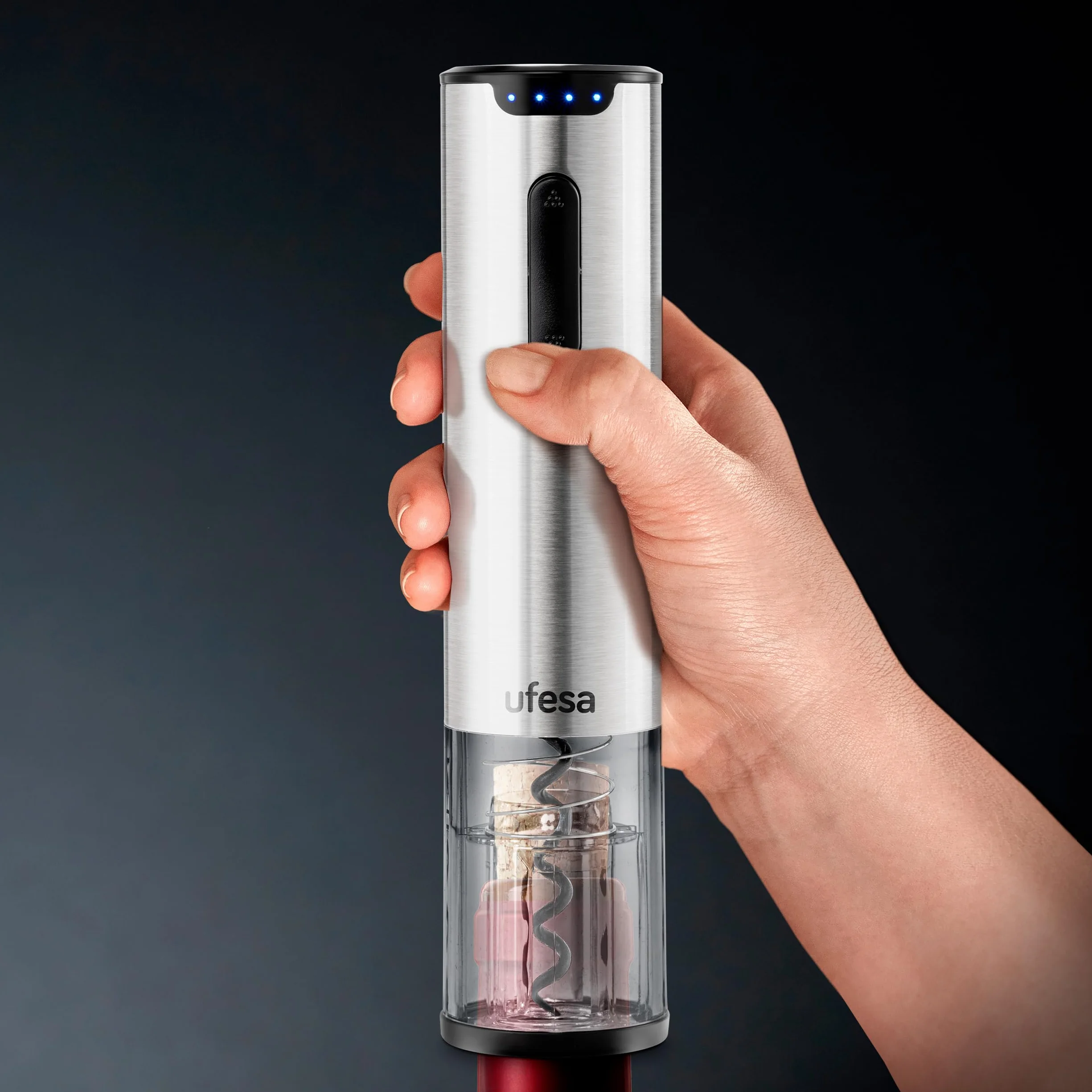 Ufesa EasyClassy Cavatappi elettrico con valigetta, apribottiglie vino LED, tappo antigoccia, estrattore d'aria, batteria Ni-MH, wireless, USB-C