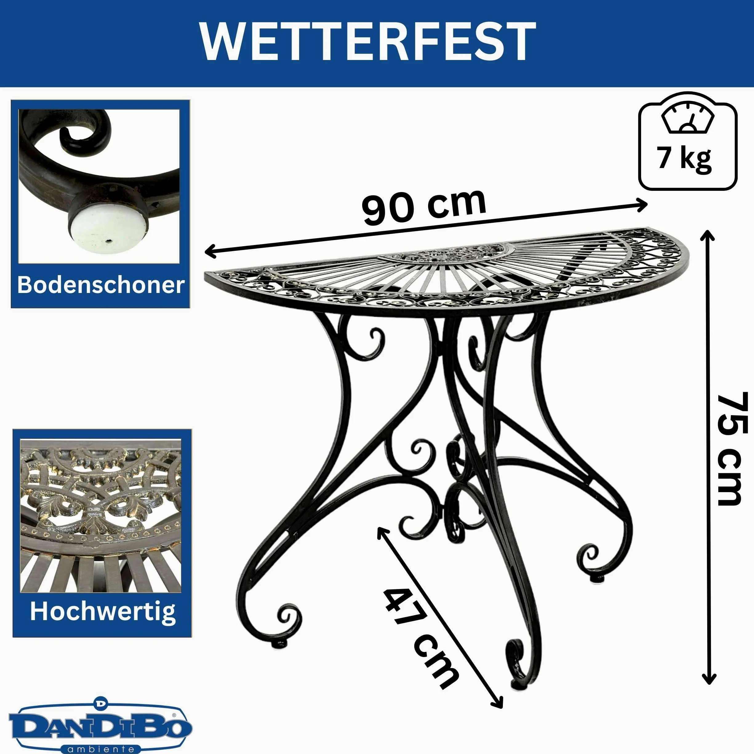 DanDiBo Vigo 19511 - Tavolino da parete semicircolare, in metallo, 90 cm, stile vintage anticato