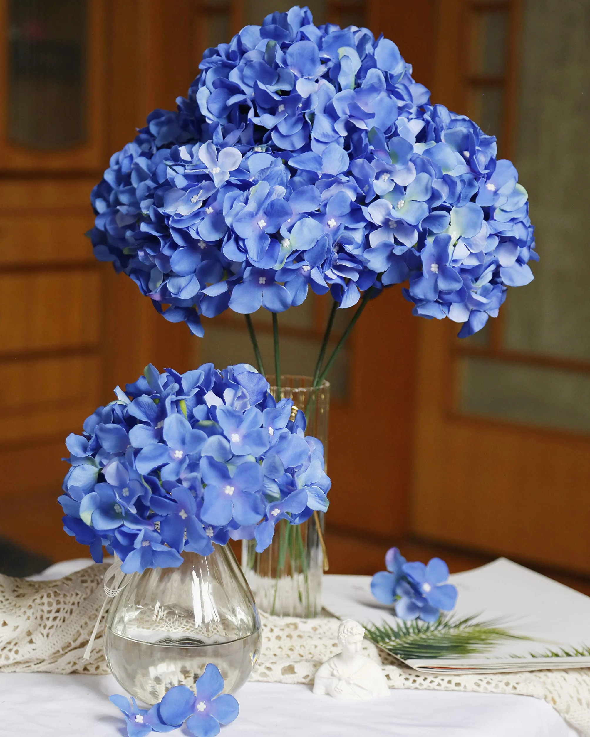 DuHouse Fiori artificiali di ortensia in seta più grandi con stelo, confezione da 6 (blu reale)