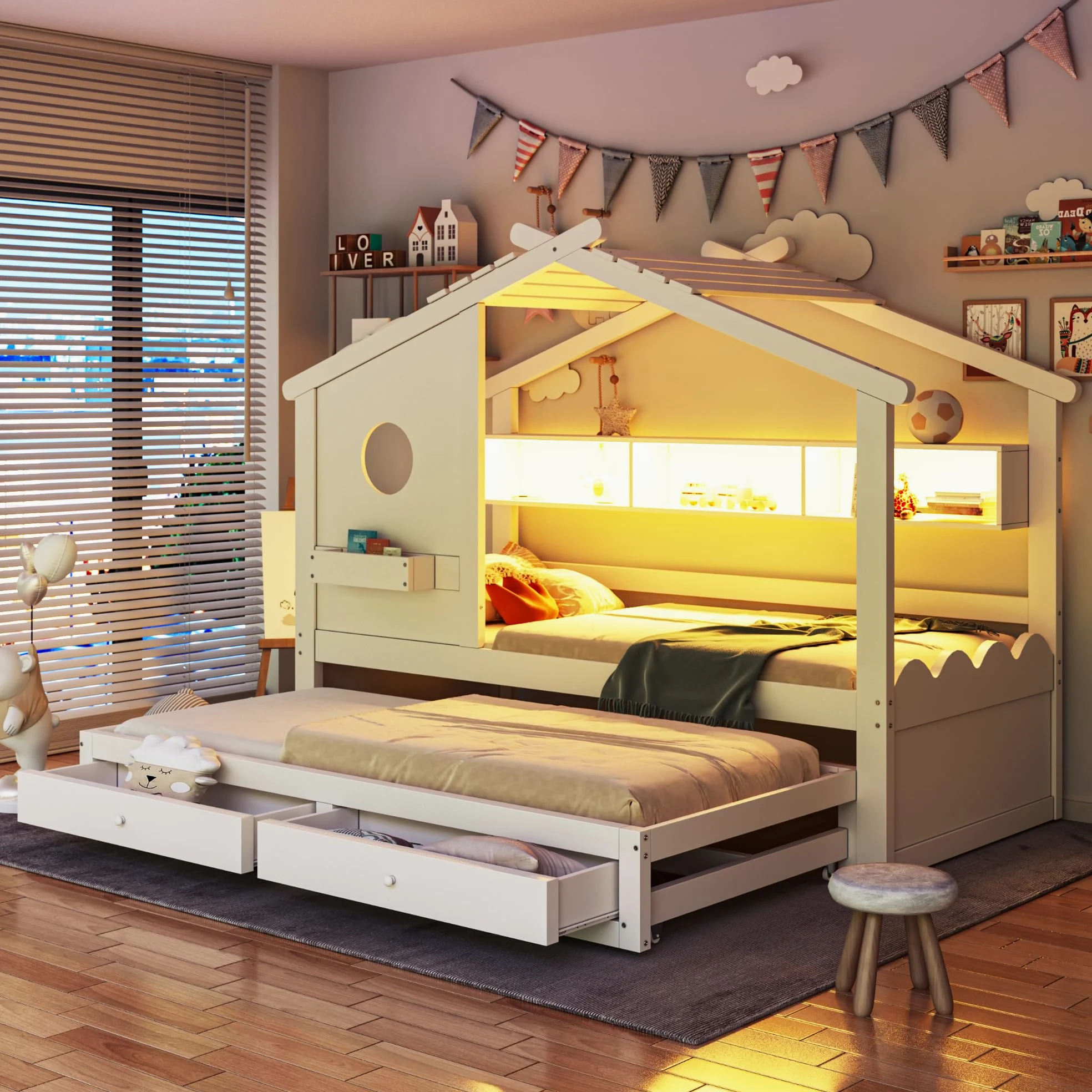 Letto Casetta per Bambini Ragazzi 90x200 con letto estraibile 90x190, Letto a Forma di Casa con LED e Porte di ricarica USB, 2 Cassetti e Ripiani, Struttura letto in Legno Massiccio(Senza Materasso)
