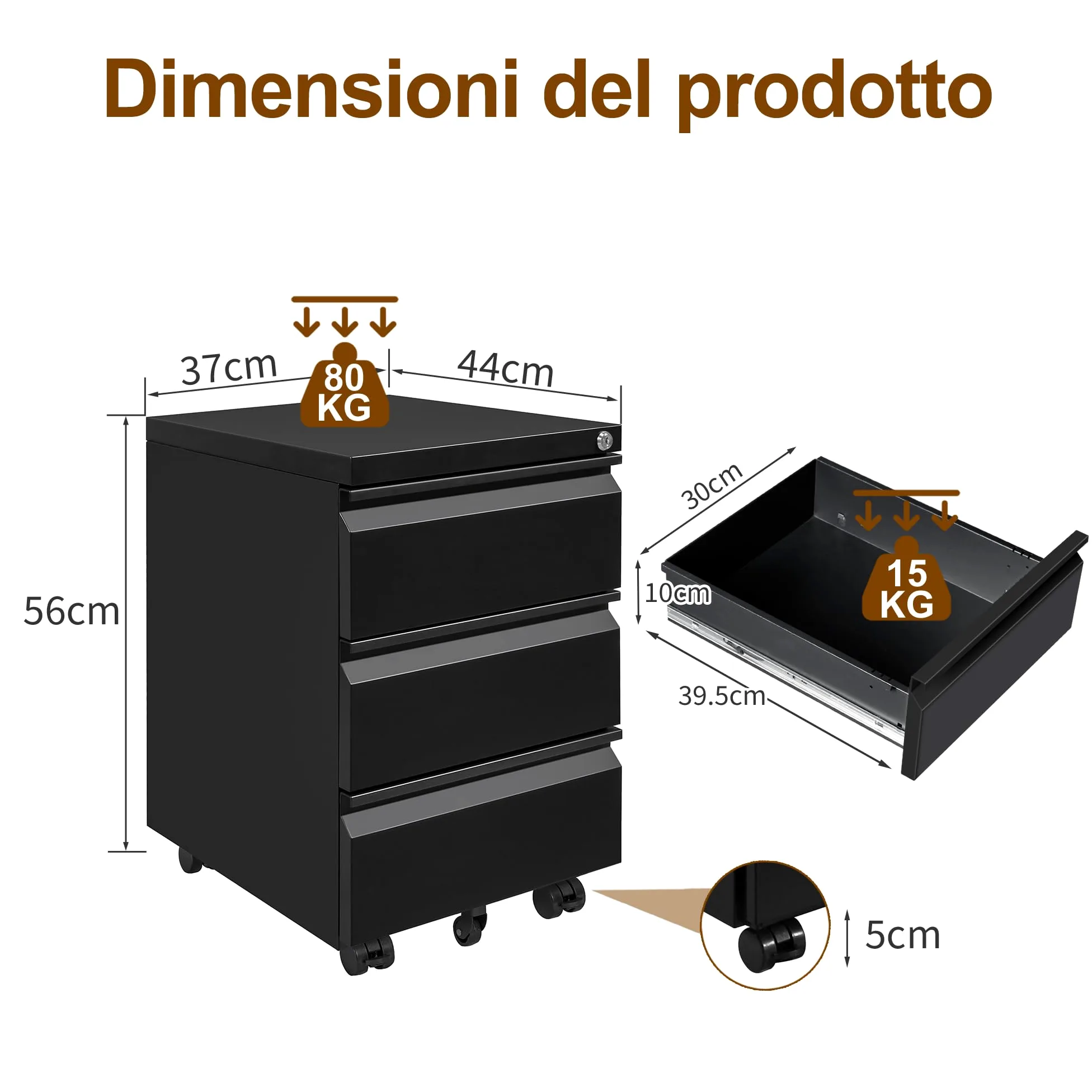 Cassettiera Scrivania Mobile, Cassettiera con Serratura, 4 Chiavi, 3 Cassetti, in Acciaio, Preassemblato, Nero