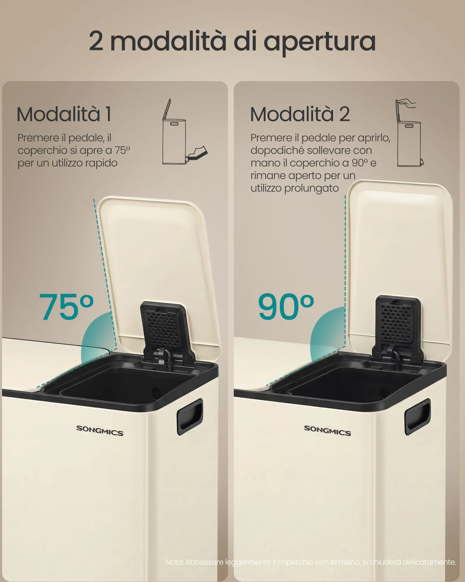 SONGMICS Cestino da Cucina, 2 x 30 L, 2 Scomparti, Pattumiera a Pedale con Coperchio a Chiusura Morbida e Secchio Interno, Acciaio, 15 Sacchi Inclusi, Color Crema LTB741AZ02