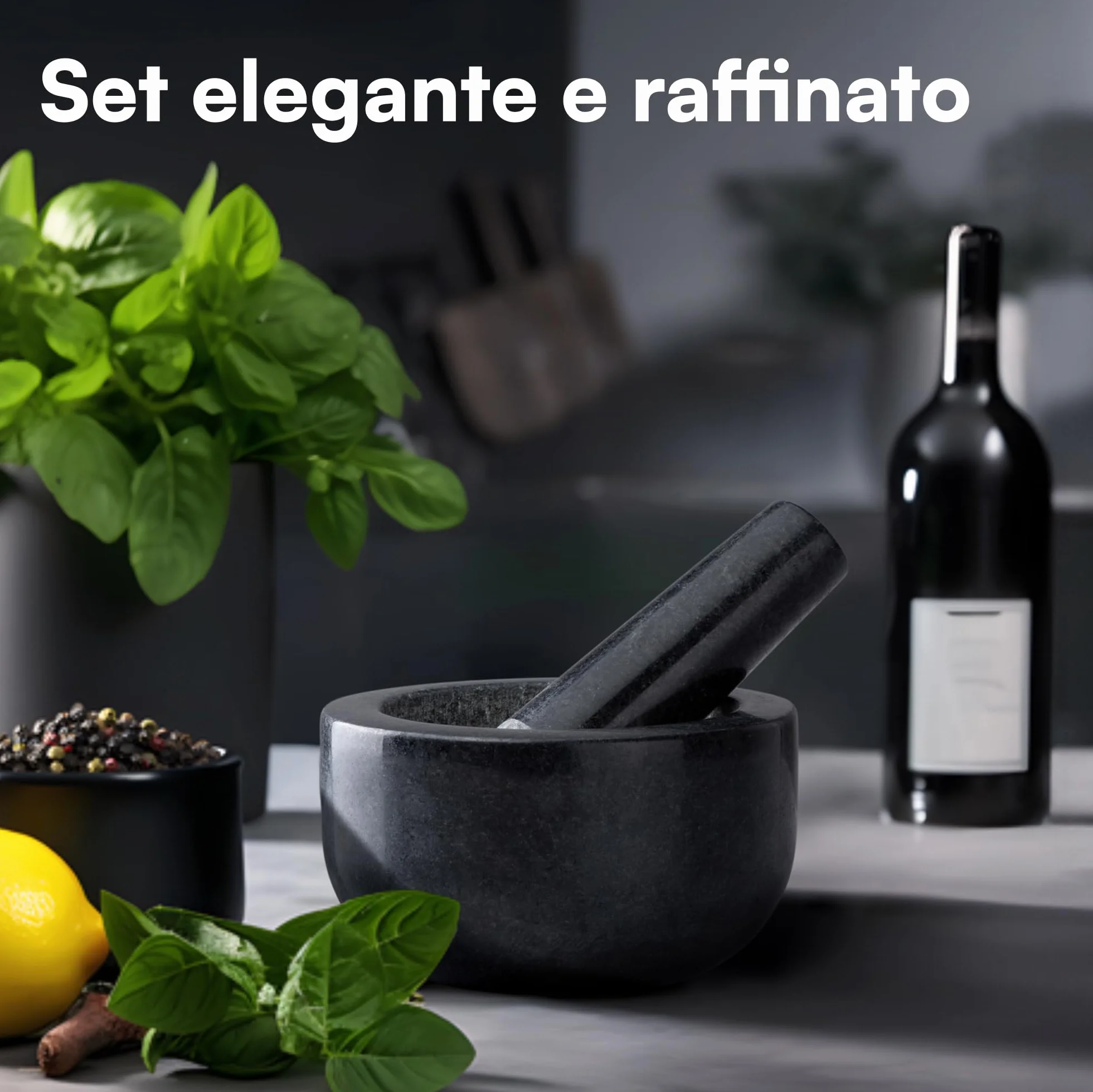 H&S Mortaio con Pestello in Granito - Ø 12 x 7 cm - Mortaio per Pesto - Utensili Cucina per Tritare Noci e Erbe Aromatiche - Stabile con Piedini Antiscivolo e Antigraffio - Nero