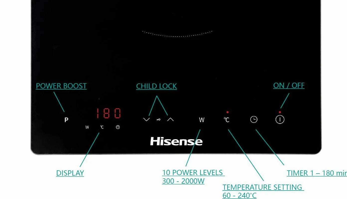 Hisense HIC2000Y Piano a Induzione Portatile 2000W 10 Livelli Timer Power Boost Controlli Touch Vetroceramica Nero