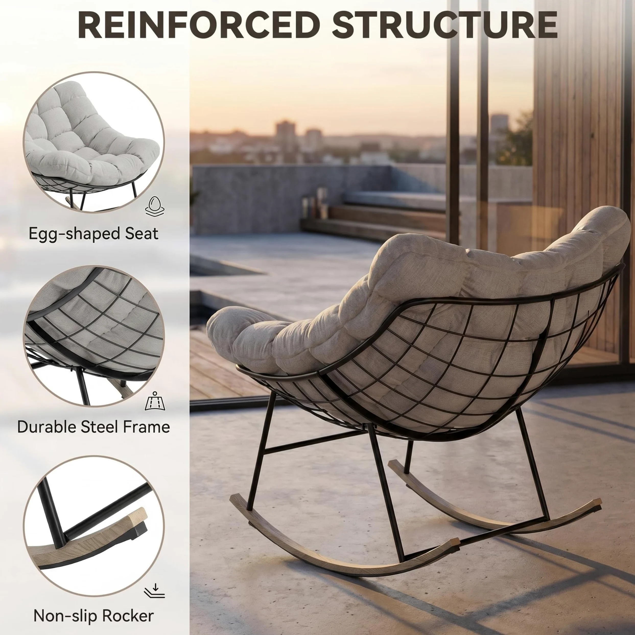 Fiutazge 2 Pezzi Sedia a Dondolo da Esterno,Poltrona Relax Ergonomica a Forma di Uovo per Giardino,Balcone,Veranda e Soggiorno,Portata 180 kg,Beige