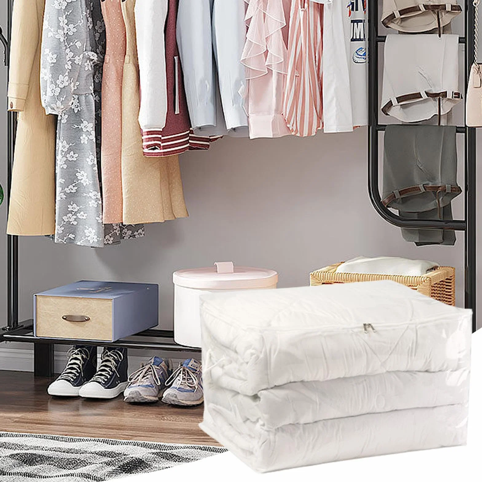 Grandi borse portaoggetti – contenitori trasparenti | contenitori con manico, organizzazione e per coperte, organizer per guardaroba