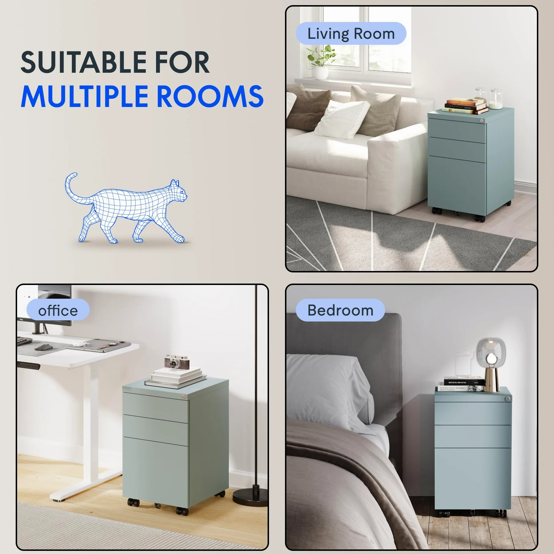 FLEXISPOT schedario con 3 cassetti, cassettiera da ufficio con ruote, armadietto con serratura e sistema anti-ribaltamento, mobiletto porta documenti per casa e ufficio, grigio blu
