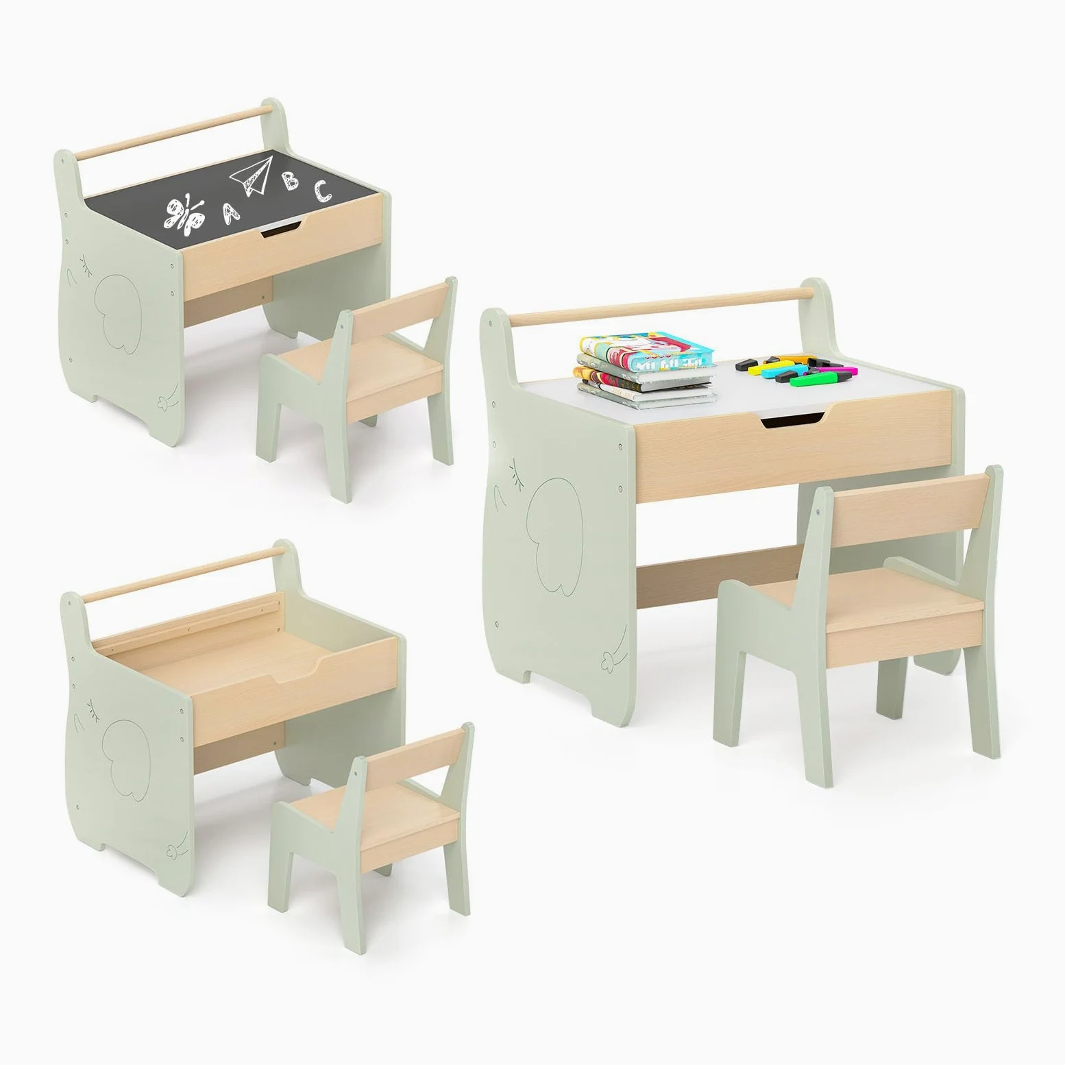RELAX4LIFE Set Tavolo e Sedia 2 in 1 per Bambini, Scrivania in Legno con Piano Bifacciale Rimovibile, Ampio Spazio Archiviazione, Design Multifunzionale per Camera dei Bambini (Verde+Naturale)