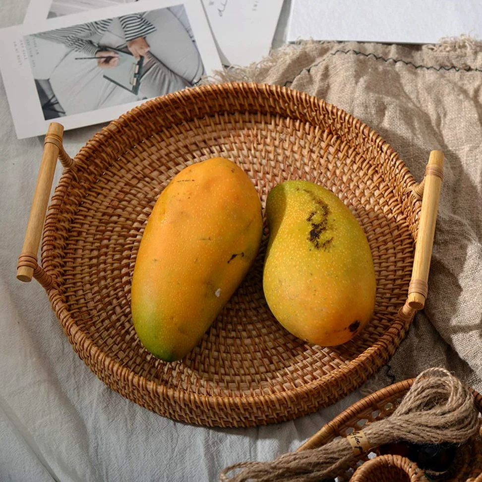 Rattan Handwoven Round High Wall Severing Tray Food Storage Platters Plate Over Handles for Breakfast Drink Snack for Coffee Tea