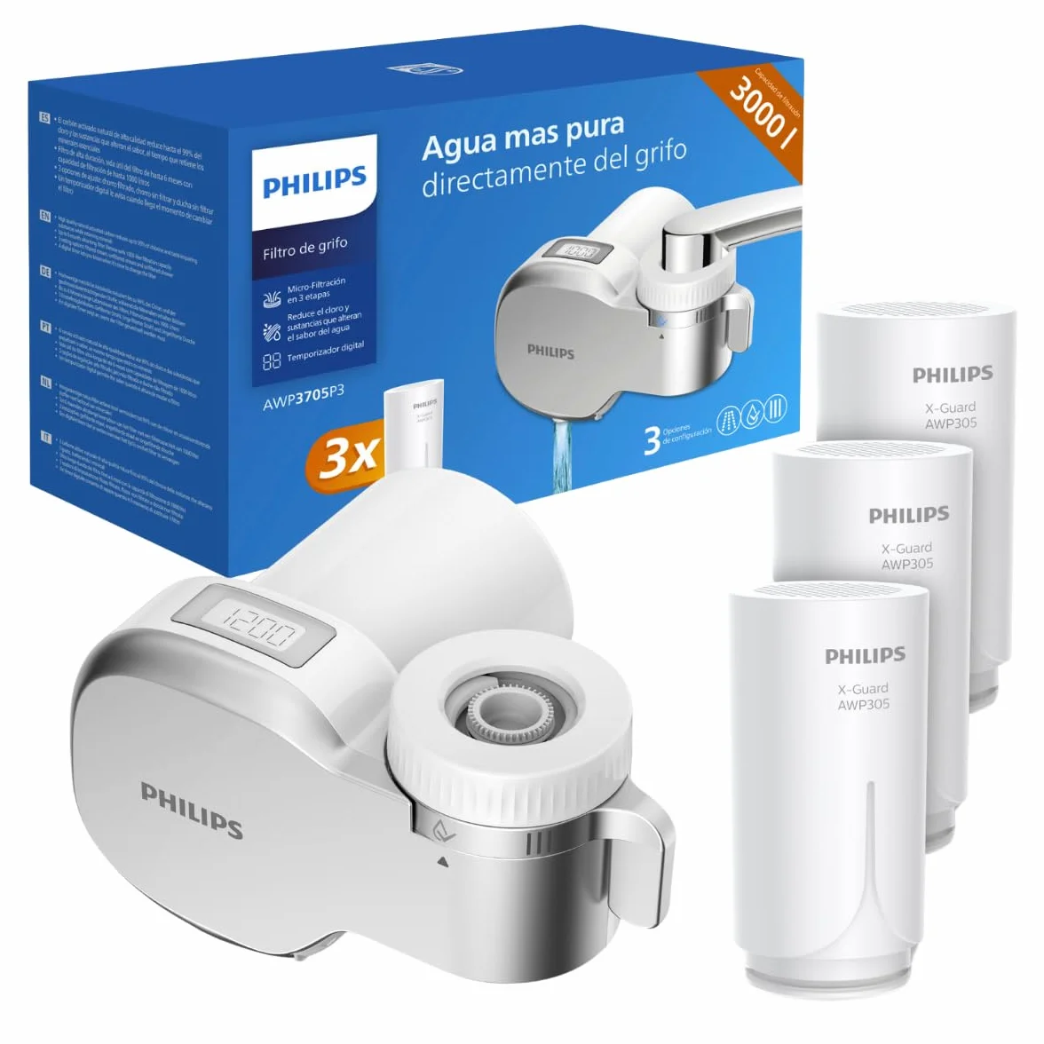 Philips Water Ontap Filter AWP3705P3/10 MICROFILTRAZIONE con DISPLAY DIGITALE 3 Cartucce di Ricambio 1000 L