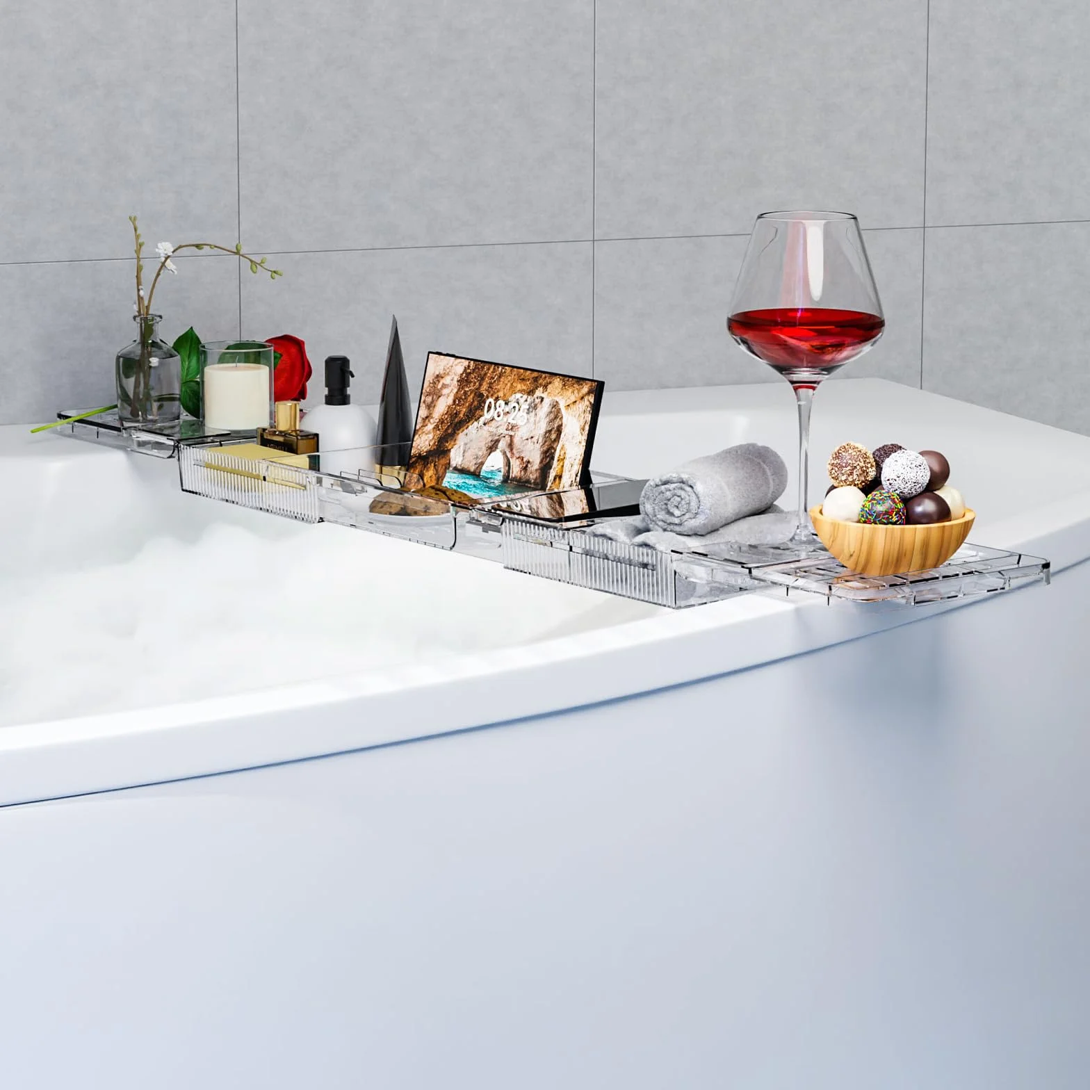 Vassoio per Vasca da Bagno Allungabile in Plastica Trasparente 80-120cm - Mensola con Porta Libro, iPad, Candela - Accessori Relax