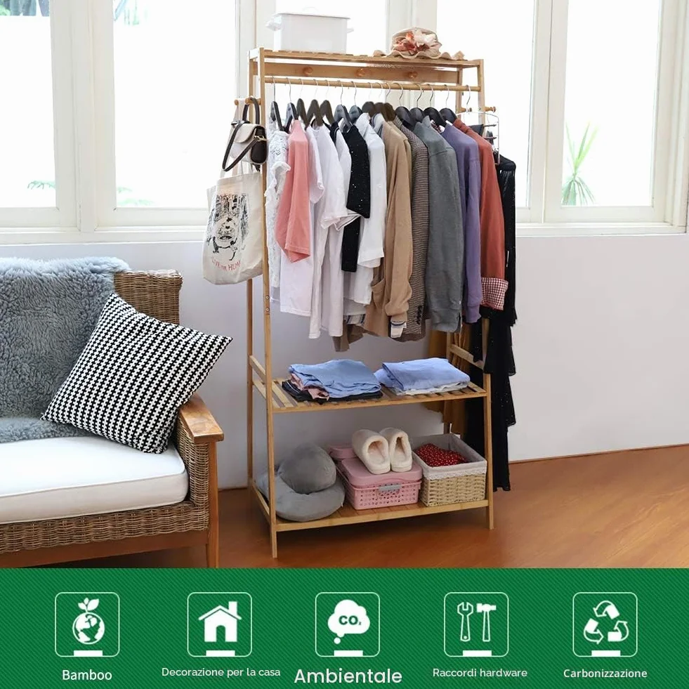 Stand Appendiabiti in legno da Terra Guardaroba Armadio Aperto in Bambù per Camera da Letto con Scarpiera