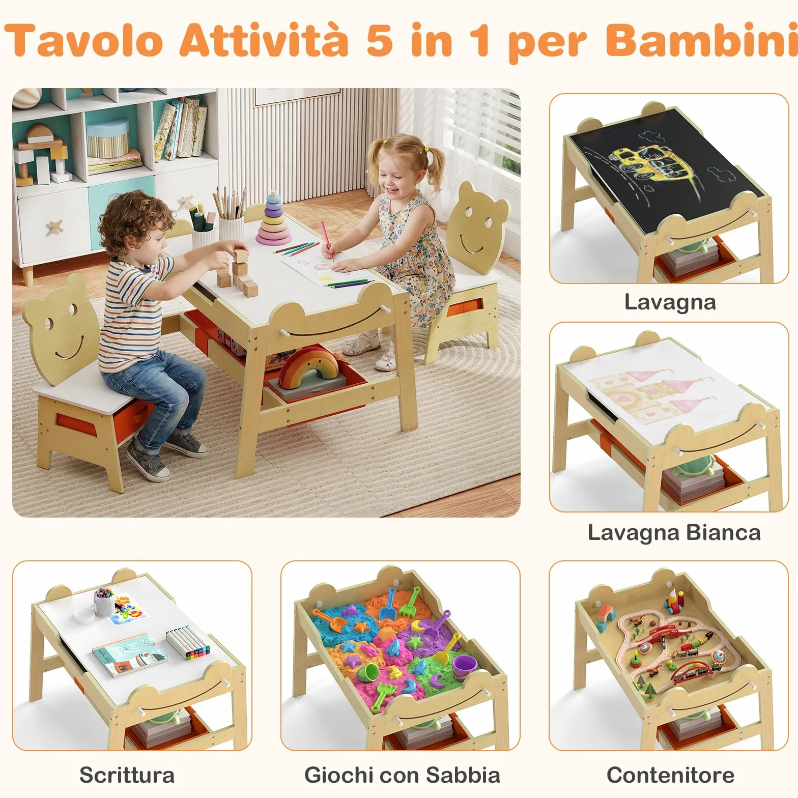 COSTWAY Set Tavolo e 2 Sedie per Bambini, 5 in 1 Tavolino e Sedie con 4 Ganci, 3 Scatole in Tessuto e Lavagna Reversibile per Bambini 3+ Anni per Cameretta Ragazzi (Naturale, Stile 5)