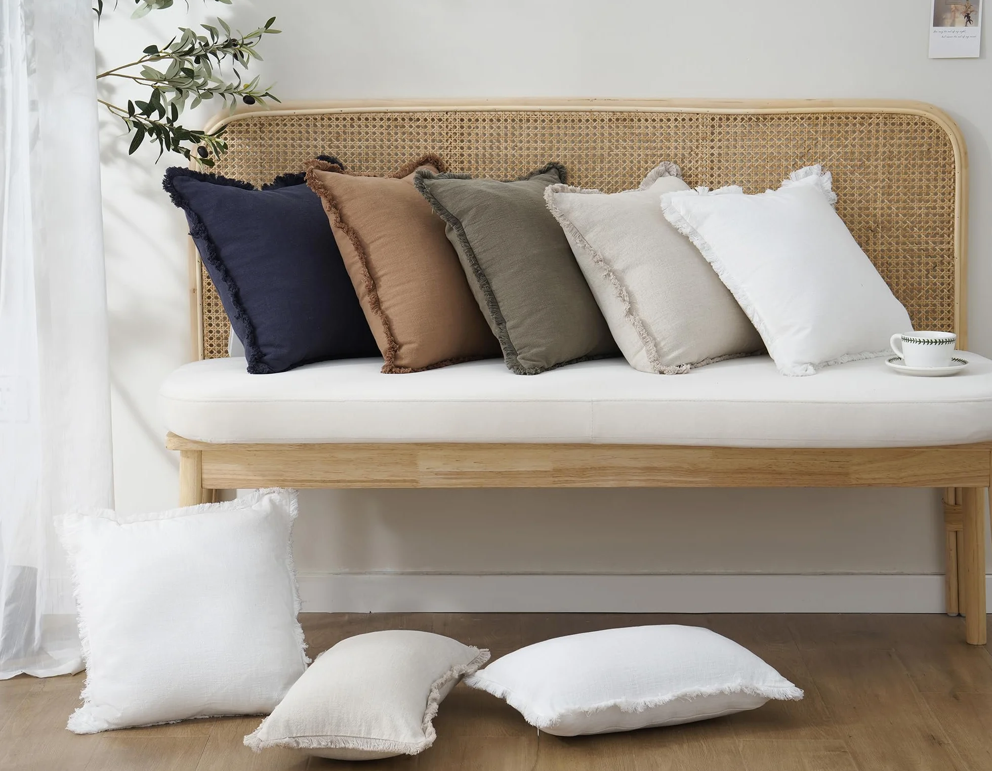 Foindtower Set di 2 federe decorative in lino con frange, accoglienti e bohémien, con nappe, morbide, per divano, letto, soggiorno, decorazione per la casa, 50 x 50 cm, beige