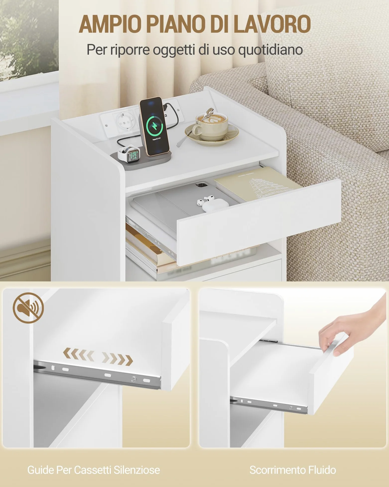 Hzuaneri Comodino Set di 2, Comodini Camera da Letto con Luce LED e Stazione di Ricarica, 2 Cassetti, Tavolino con vassoio, 35 x 40 x 60 cm, Soggiorno, Bianco NS33603XEU
