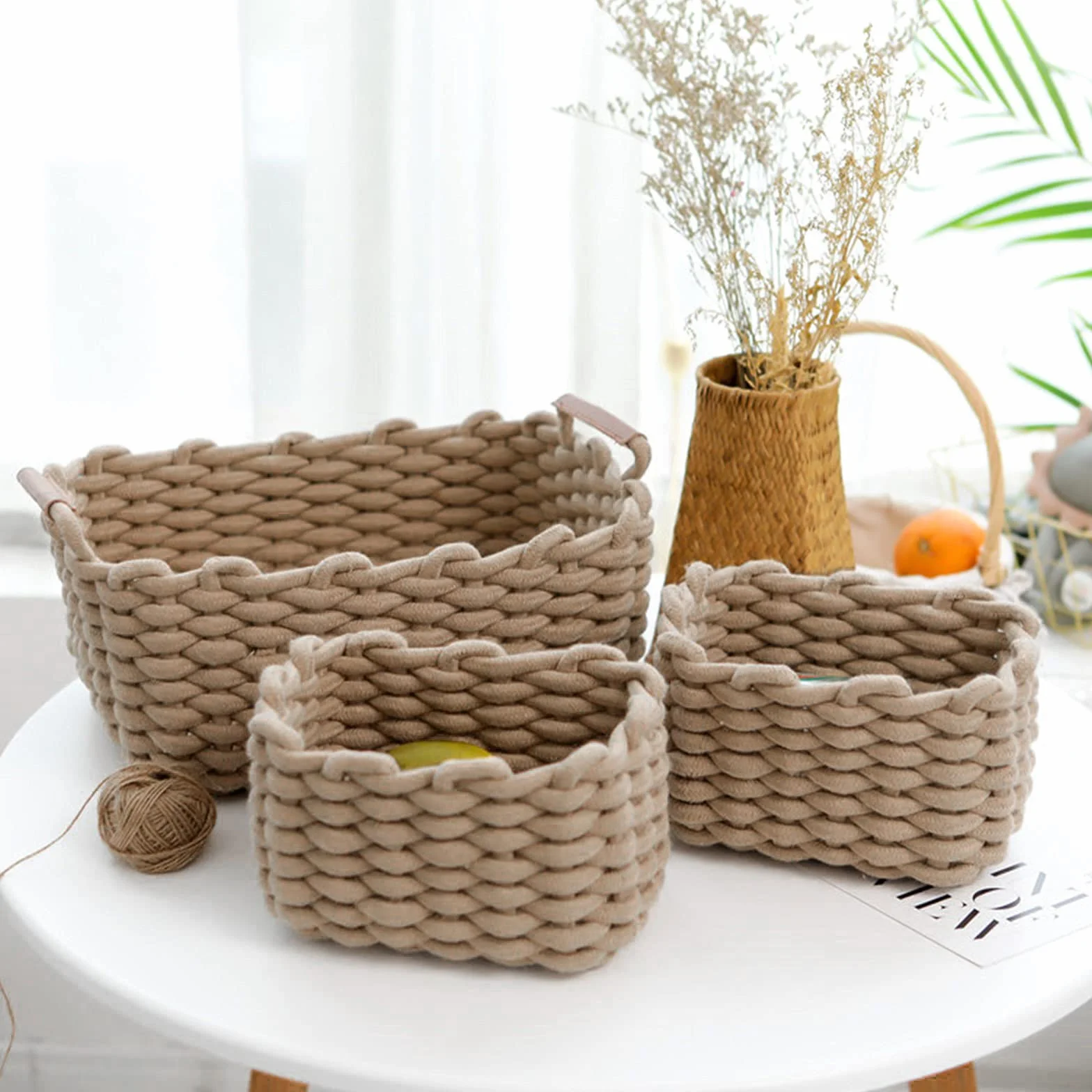 Cestini in Corda di Cotone Set di 3 Organizer Decorativi Naturali Rettangolari Icegrey