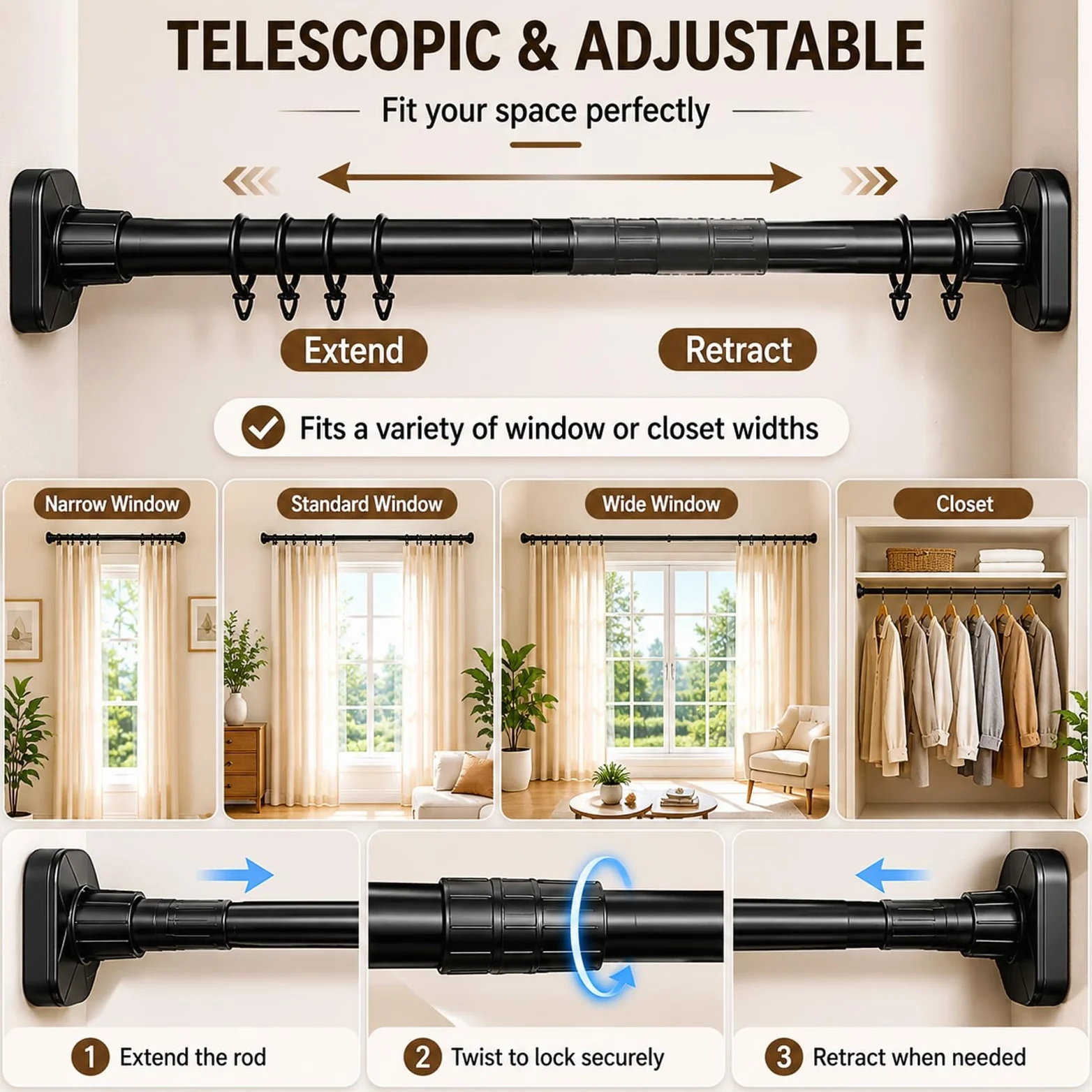 Bastone Tenda Doccia con 20 Anelli, da 50 a 520 cm, Bastone Tenda a Pressione in Acciaio Inox Antiruggine, Non Necessita di Foratura, Adatta a Finestre e Armadi(Black,210-310cm/83-122in)