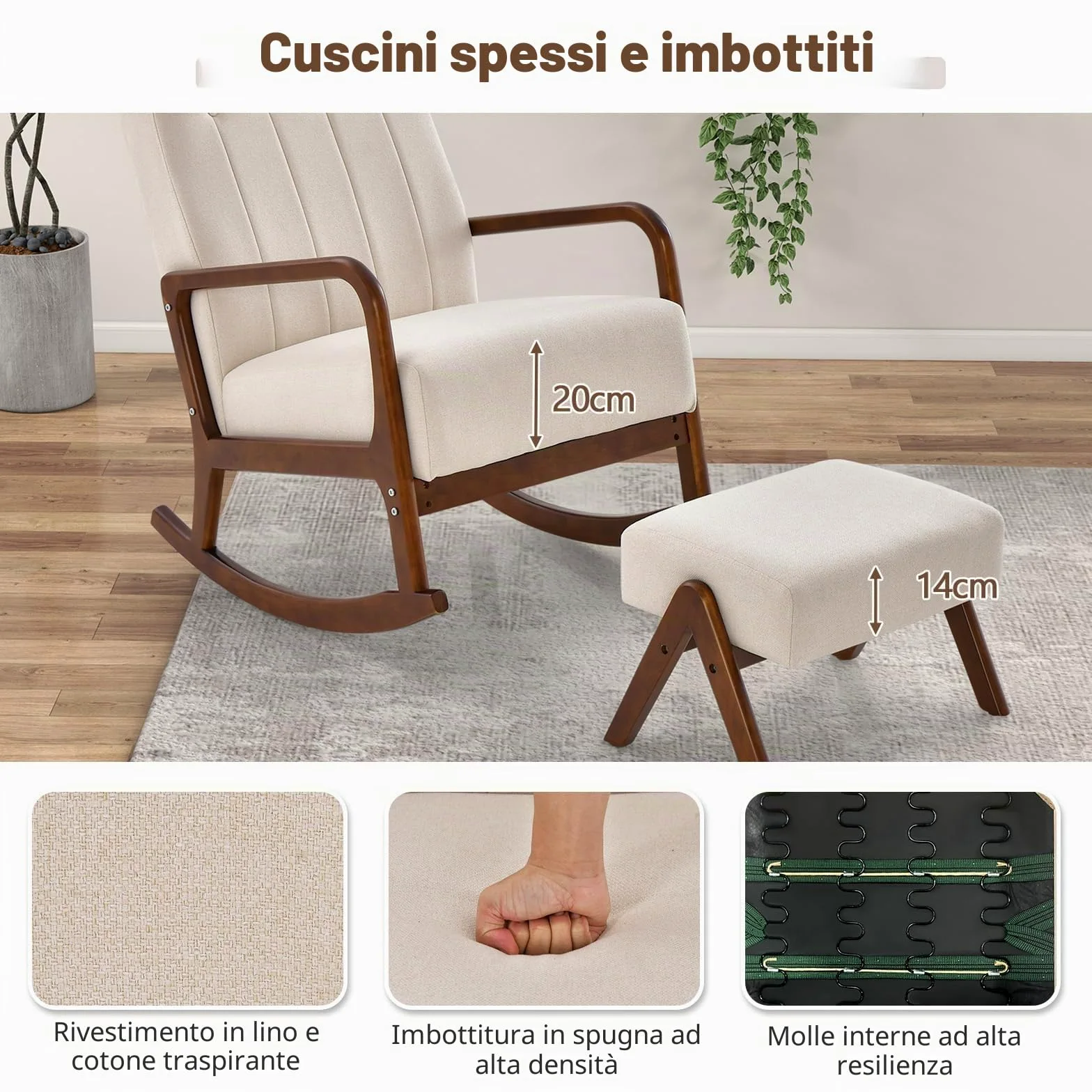 HOMASIS Sedia a Dondolo con Poggiapiedi, Set da Poltrona a Dondolo con Braccioli e Struttura in Legno Massello, Sedia Allattamento per Camera da Letto, Salotto, Fino a 150 kg, 97x65x104cm (Beige)