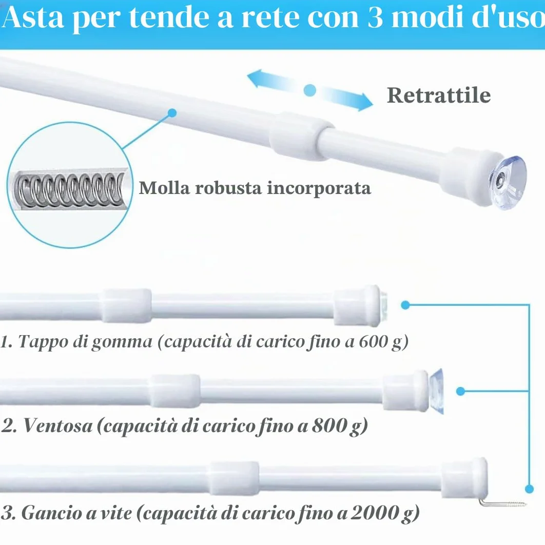 Bacchette per tende a vetro a pressione 2 pezzi estendibile diametro 10mm 45-60cm Bianco