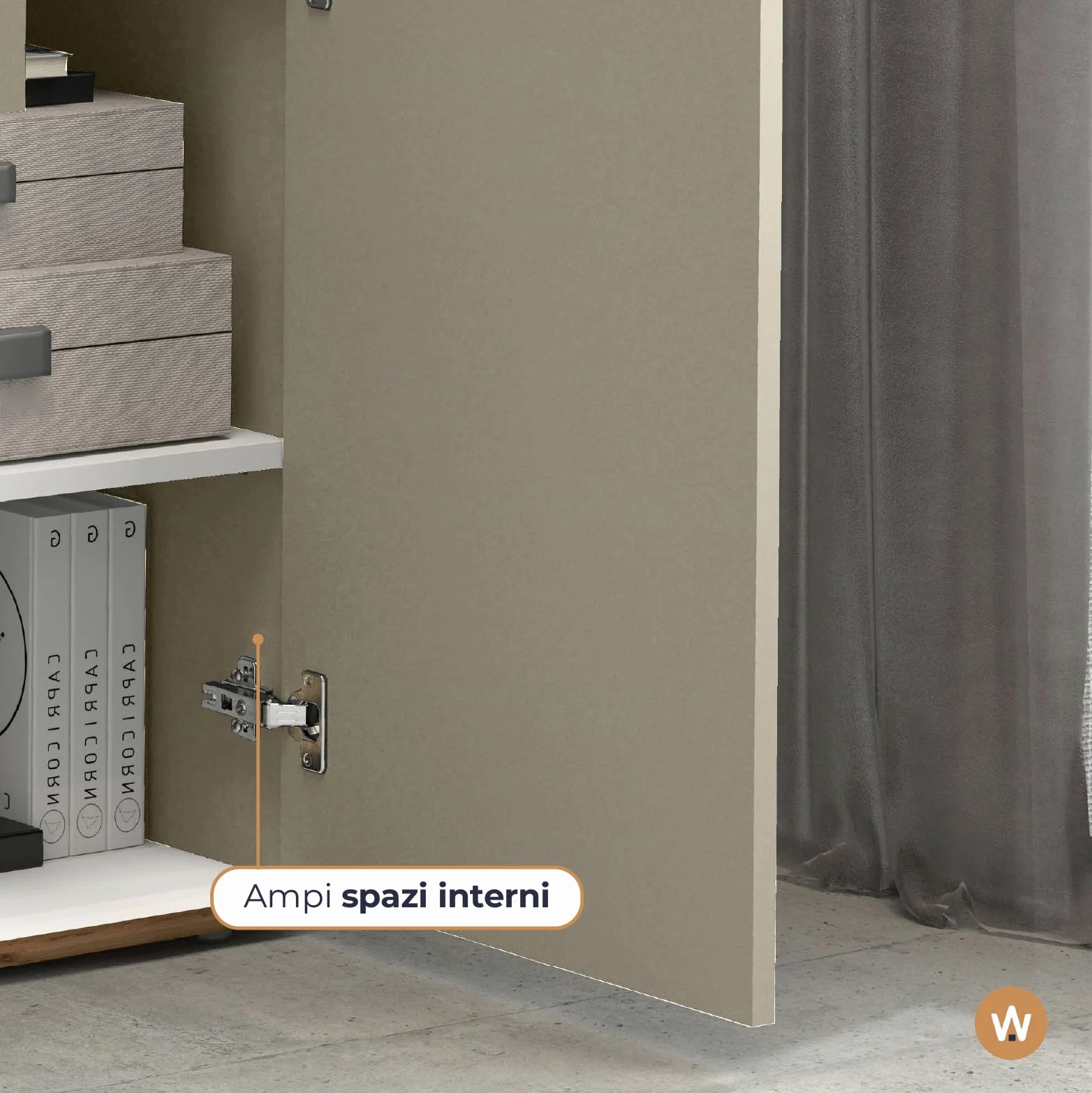 WHOUS Credenza e Buffet GARDA per Soggiorno con 2 Cassetti e 4 Ante, Madia per Salotto, Cucina e Sala da Pranzo in Legno, 160,1x35x70 cm, Tortora Opaco e Rovere