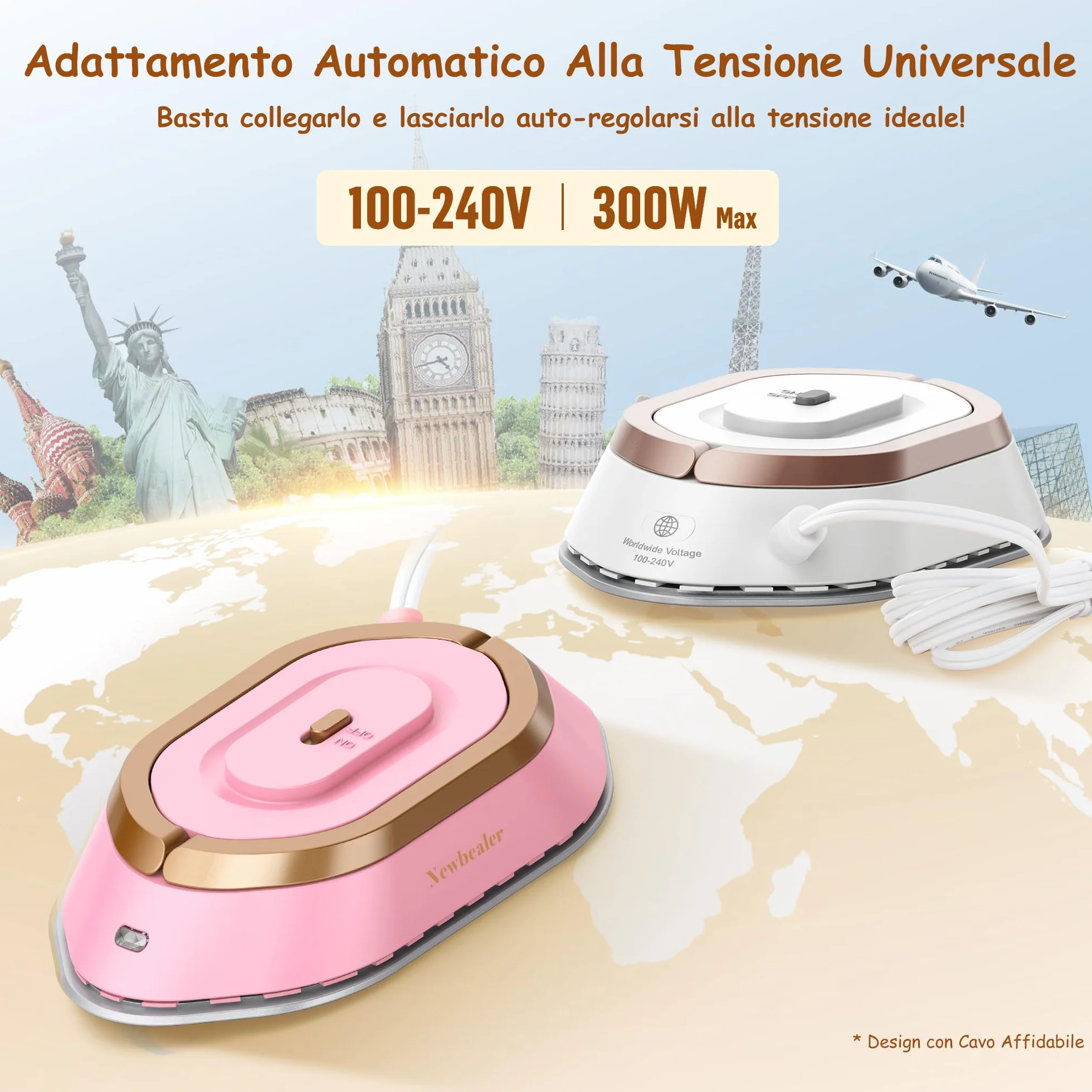 Newbealer Ferro da Stiro da Viaggio, Ferro da Viaggio Mini Portatile Leggera Compatto senza Vapore, Stirare i Vestiti, Tensione Universale 100-240V, Oro