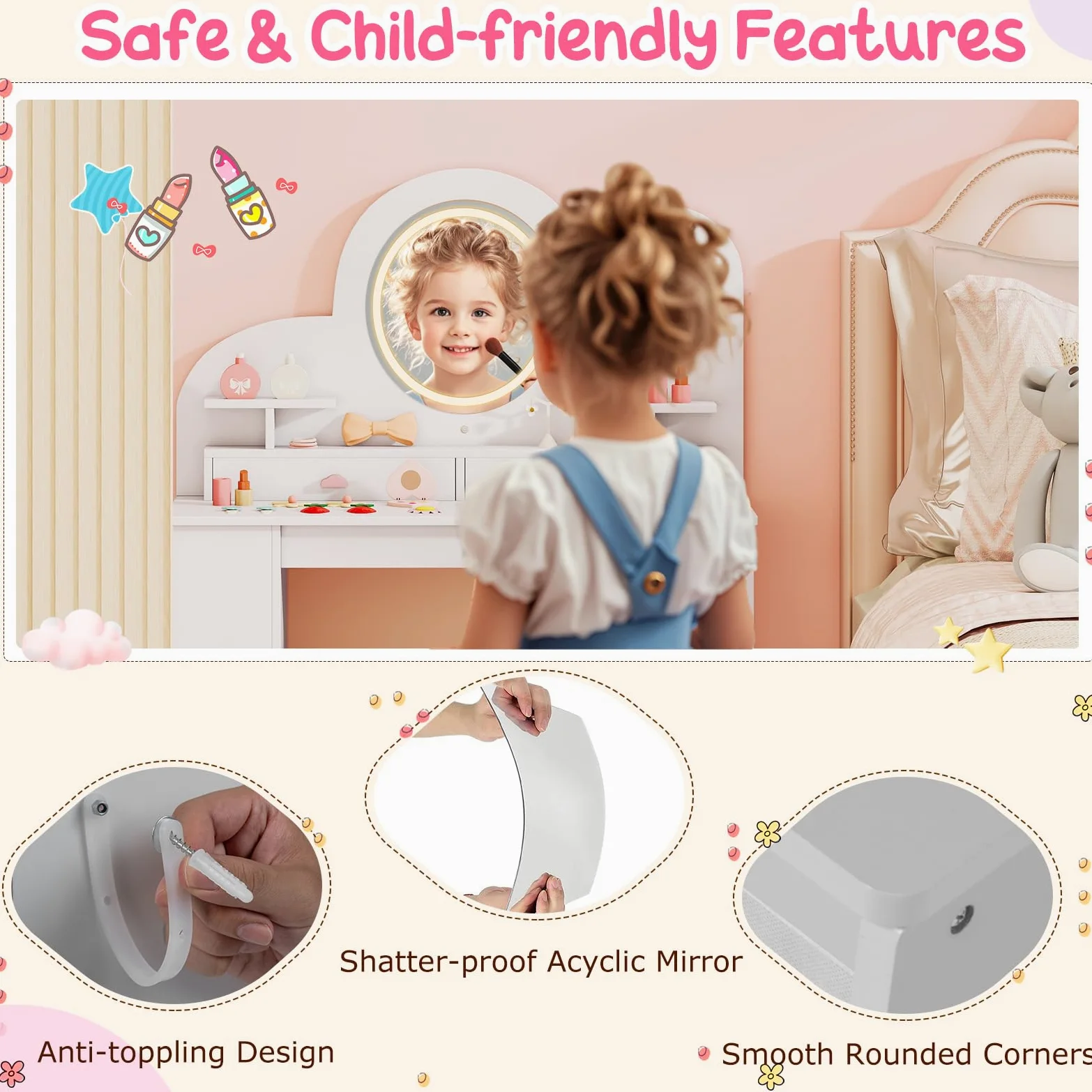 LIFEZEAL Specchiera Trucco per Bambina 3+Anni, con Luci, Sgabello, Sedia, Forma di Nuvole, Toeletta Tavolo, Postazione Makeup, con 3 Cassetti, Ripiani Aperti, Ganci, Accessori, Cameretta (bianco)