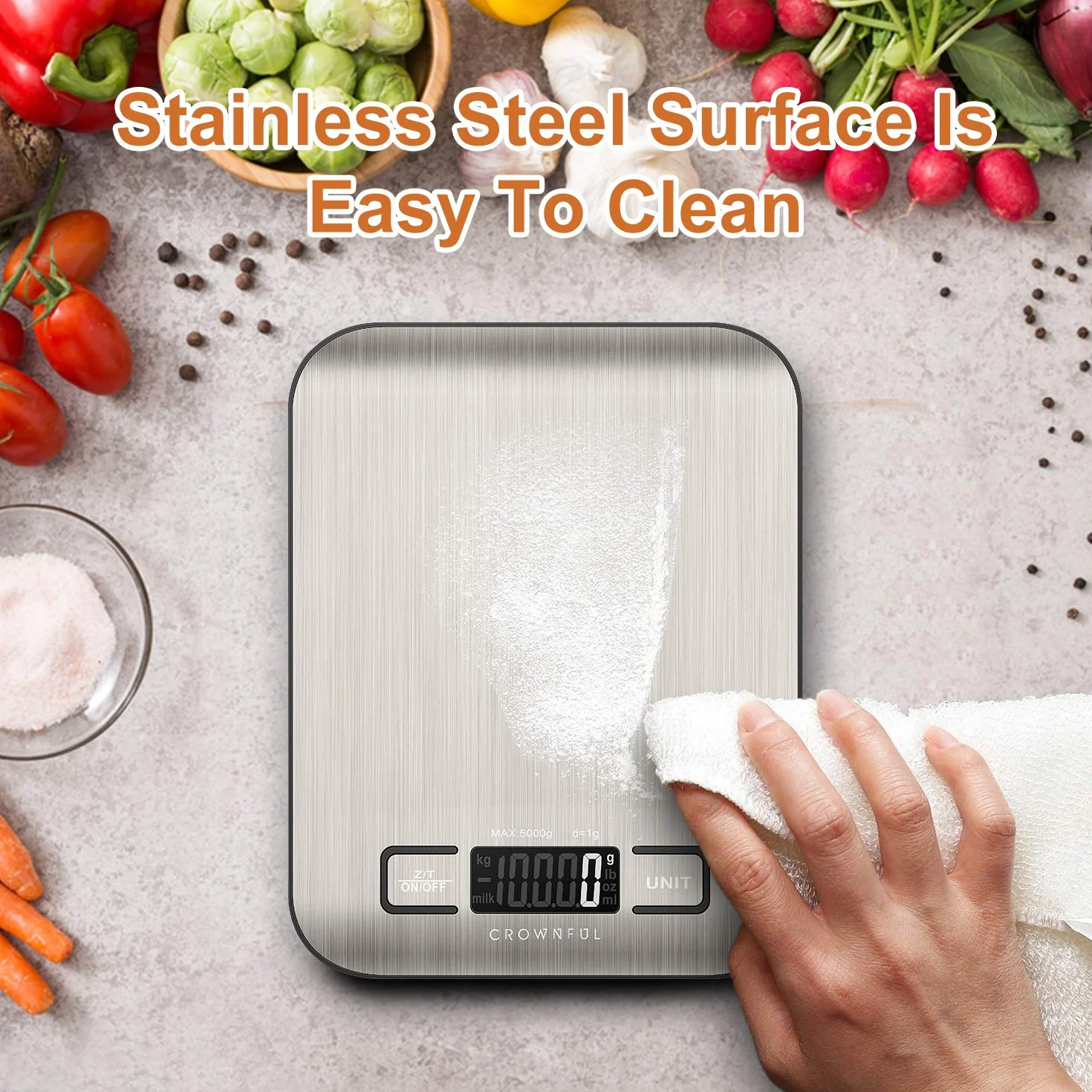 CROWNFUL Bilancia da Cucina Digitale, acciaio inossidabile, Grande Display LCD, Capacità 5 kg, multifunzione Bilancia Cucina 5 unità con funzione tara, Argento