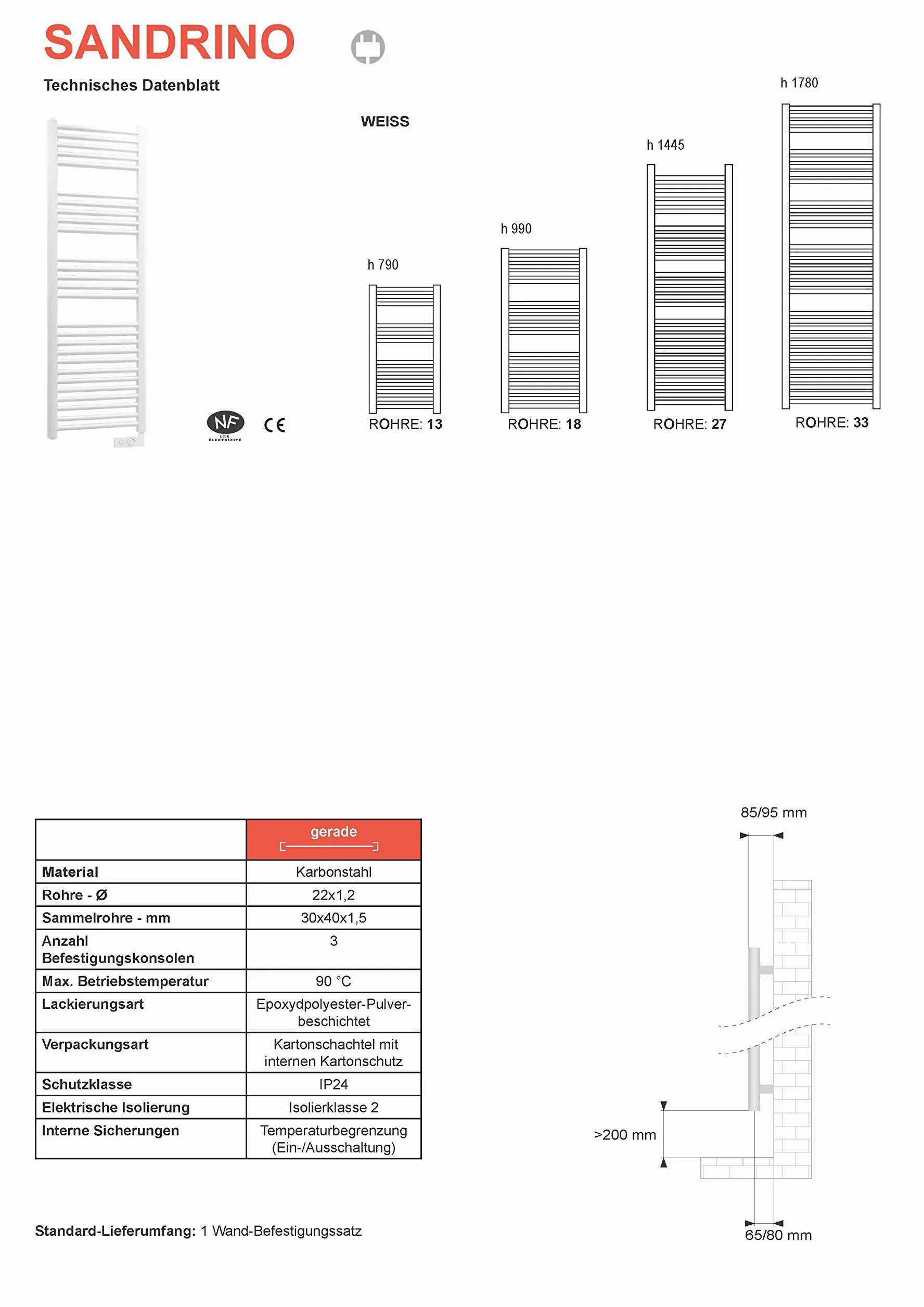 Scaldasalviette elettrico con termostato elettronico (990 mm x 480 mm) Bianco