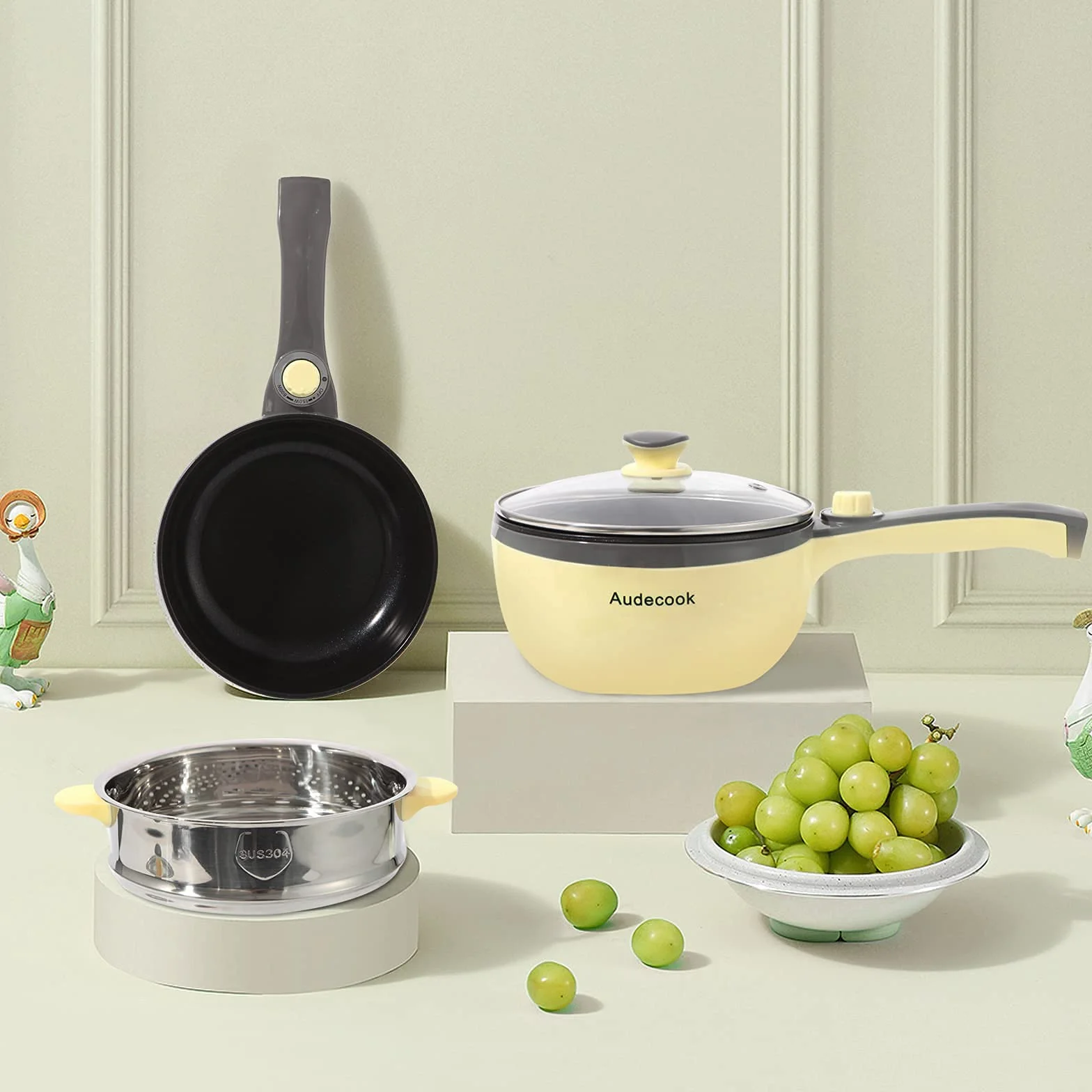 Audecook Padella Elettrica 20 cm Antiaderente Multifunzione Portatile con Vaporiera - Giallo