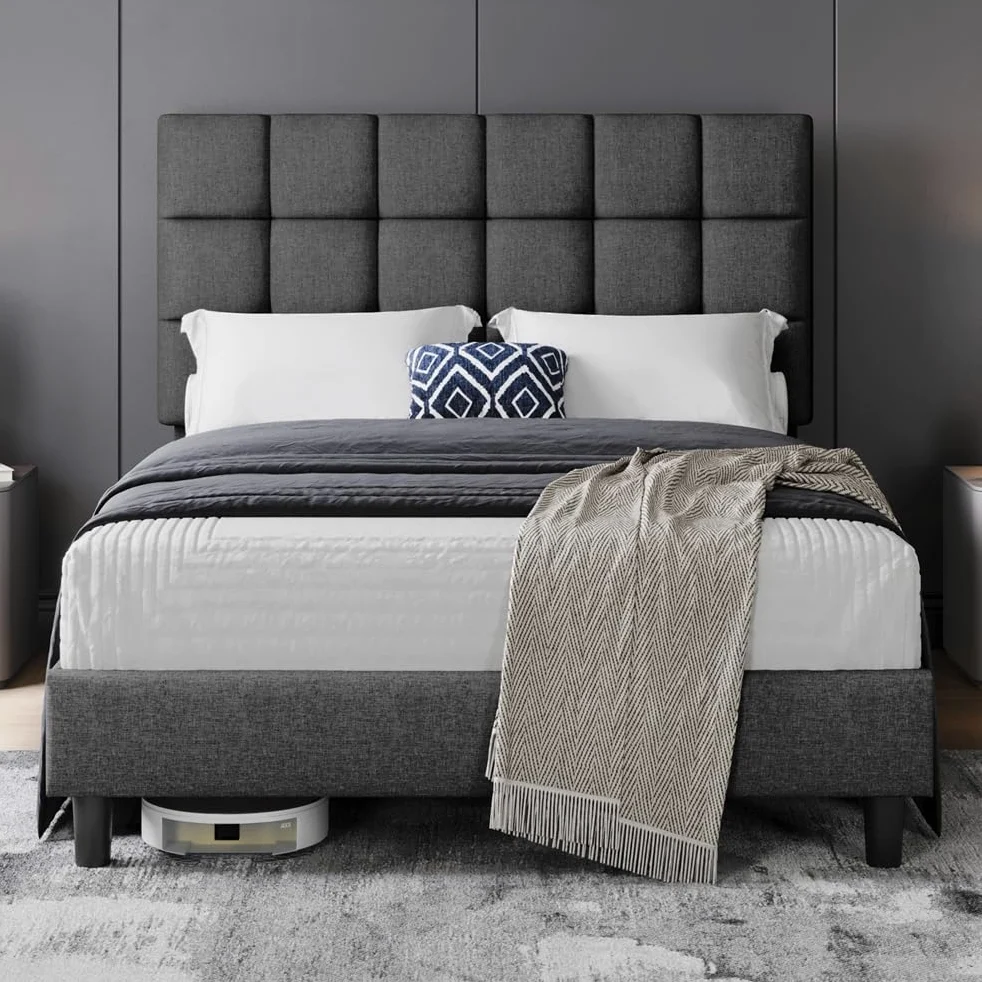 Yaheetech Letto Imbottito 140 x 200 cm con Testiera Quadrata Altezza Regolabile Doghe in Legno Grigio Scuro