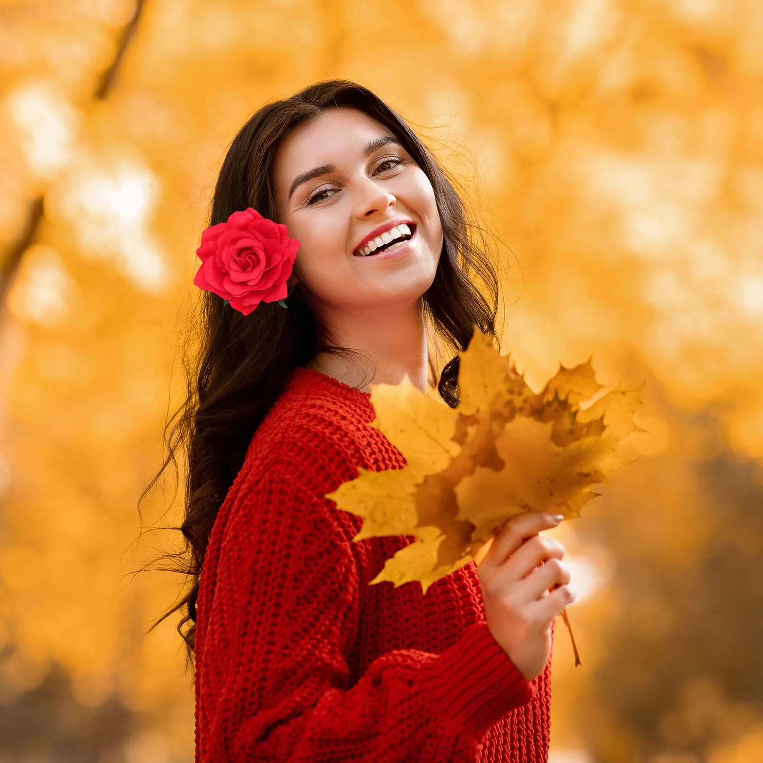 Fermagli per Capelli Fiori, Spilla Fiore Stoffa Grande, Clip a Fiore per Donna Halloween Natale Rosso
