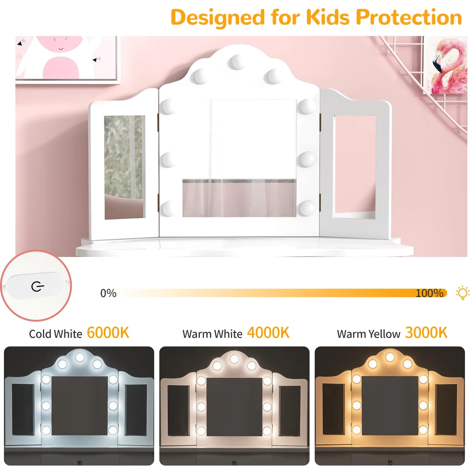 LIFEZEAL toeletta 2 in 1 per bambini con sgabello e cassetto, tavolo da trucco BIMBI con triplo specchio e 9 luci a LED in 3 modalità, antiribaltamento per Ragazzi dai 3 anni in su (Bianco)