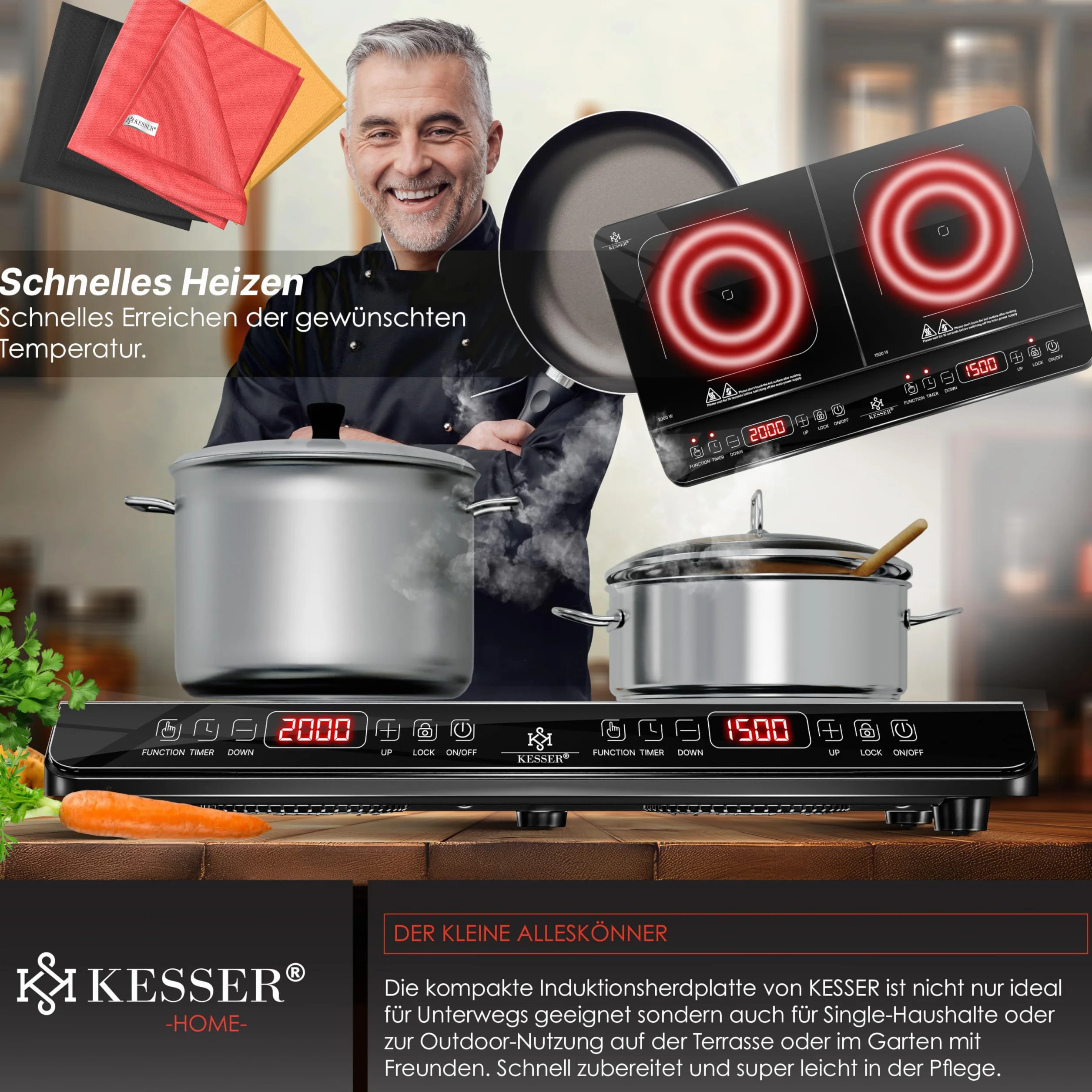 KESSER Piano cottura a induzione 2 piastre 3500W portatile 57 cm, 8 impostazioni calore, timer, touch control, booster