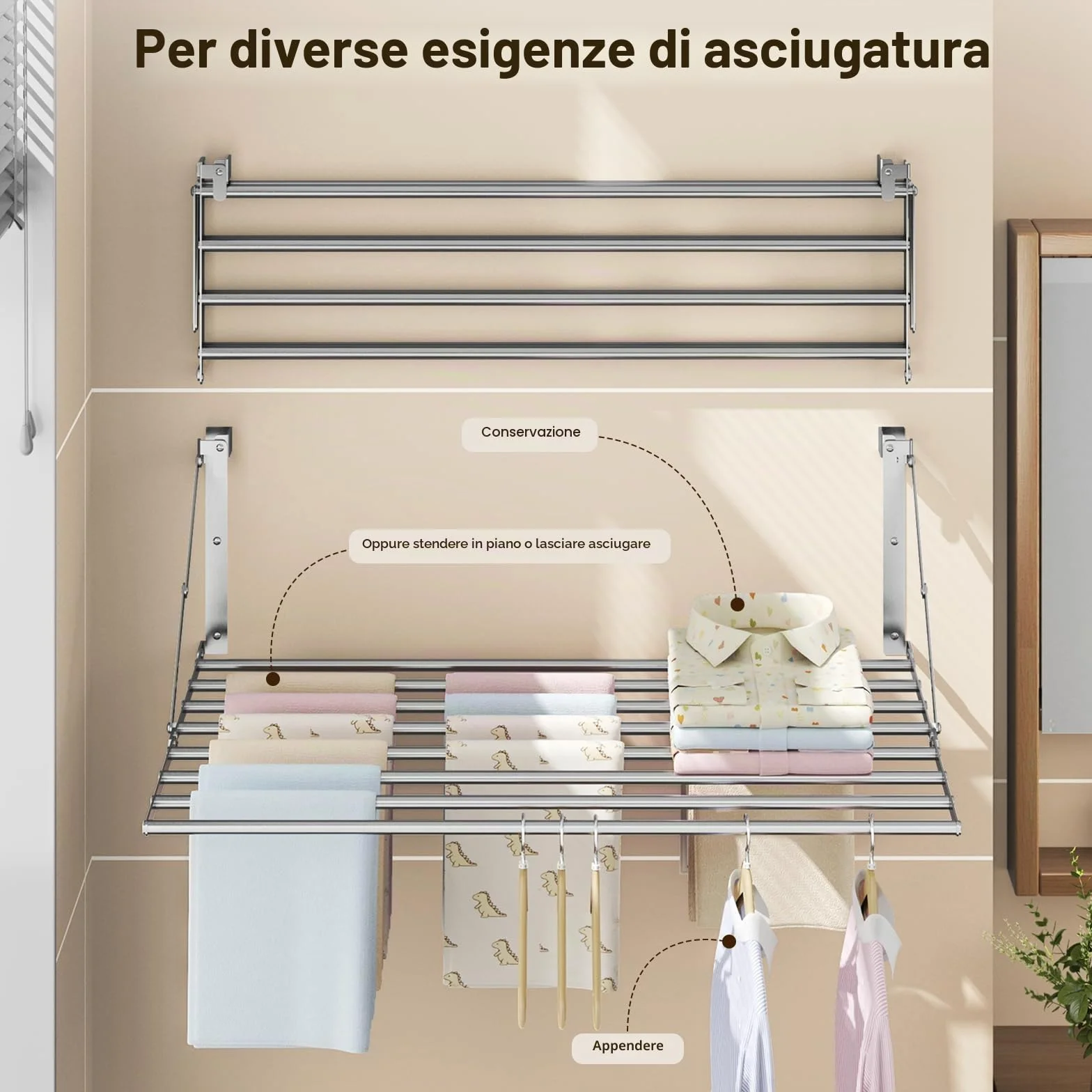 Innotic Stendibiancheria da parete 80 cm 8 barre pieghevole resistente alla ruggine per esterni argento