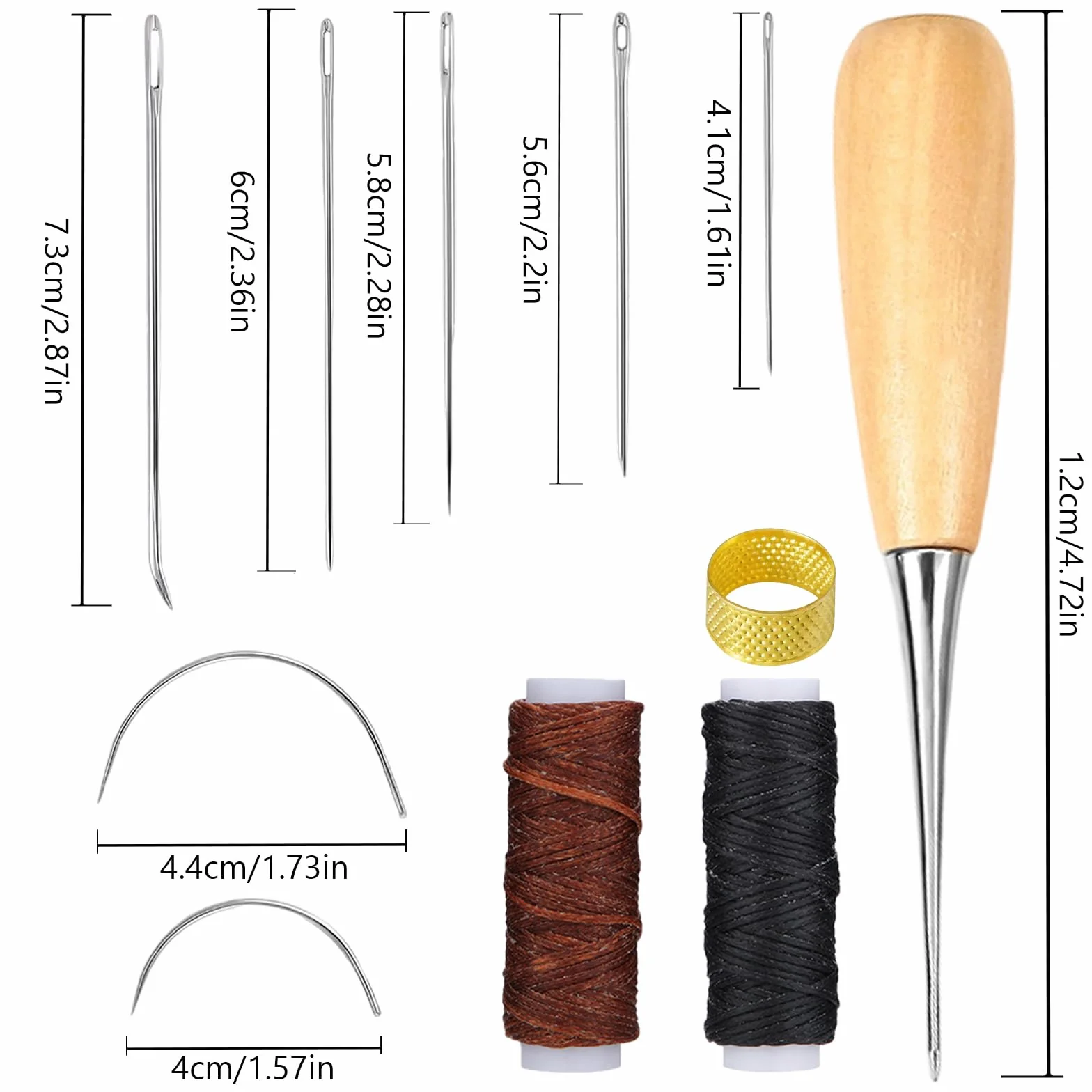 Kit Cucito Pelle 11 Pezzi, Aghi Curvi Pelle con Punteruolo, 2 Rotoli Filo Cera, Ditale