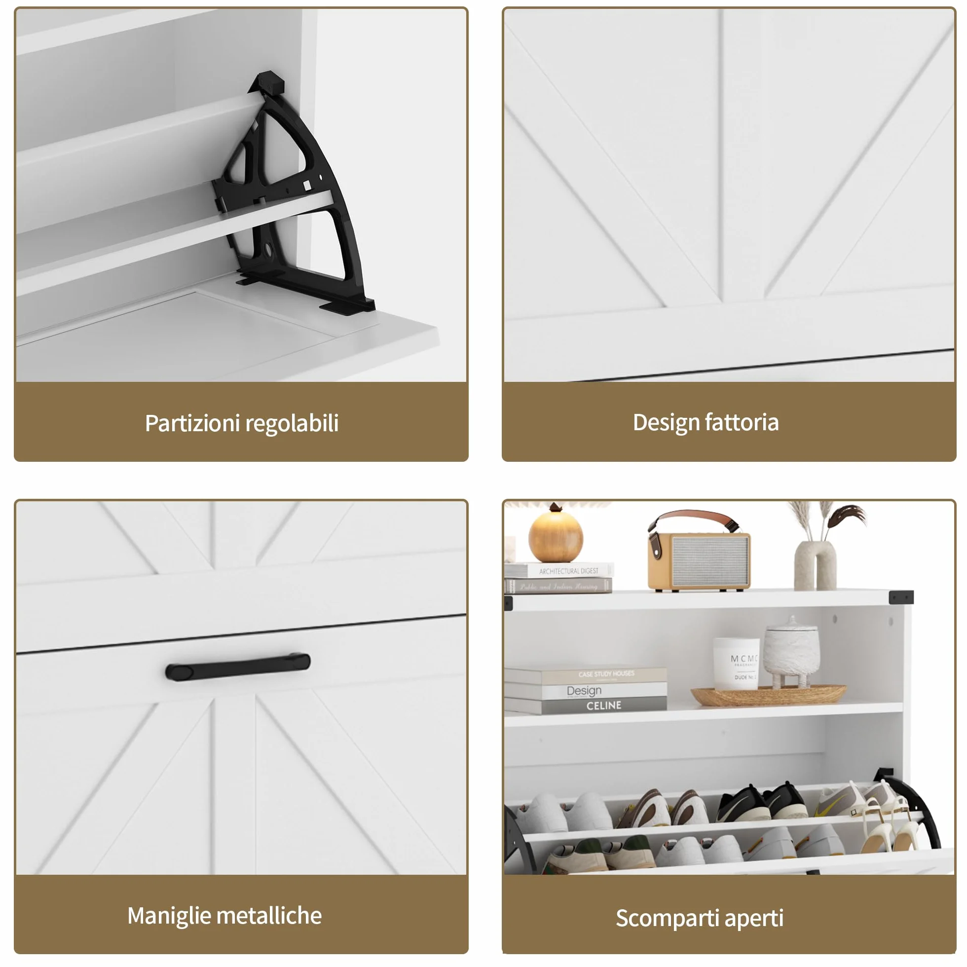 BonVache Scarpiera stretta 2 ante ribaltabile 4 ripiani mobile per scarpe legno 80x24x113,5 cm bianco