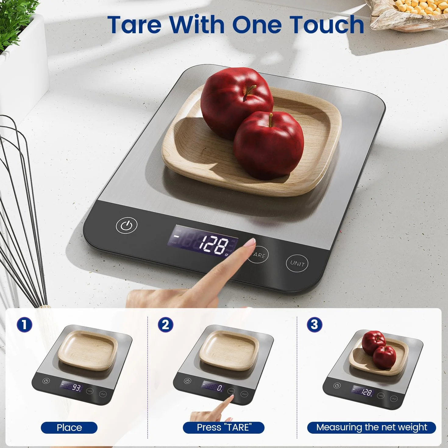 Bilancia Cucina Digitale Ricaricabile 15KG USB C Alta Precisione 1g/0.1oz Funzione Tare