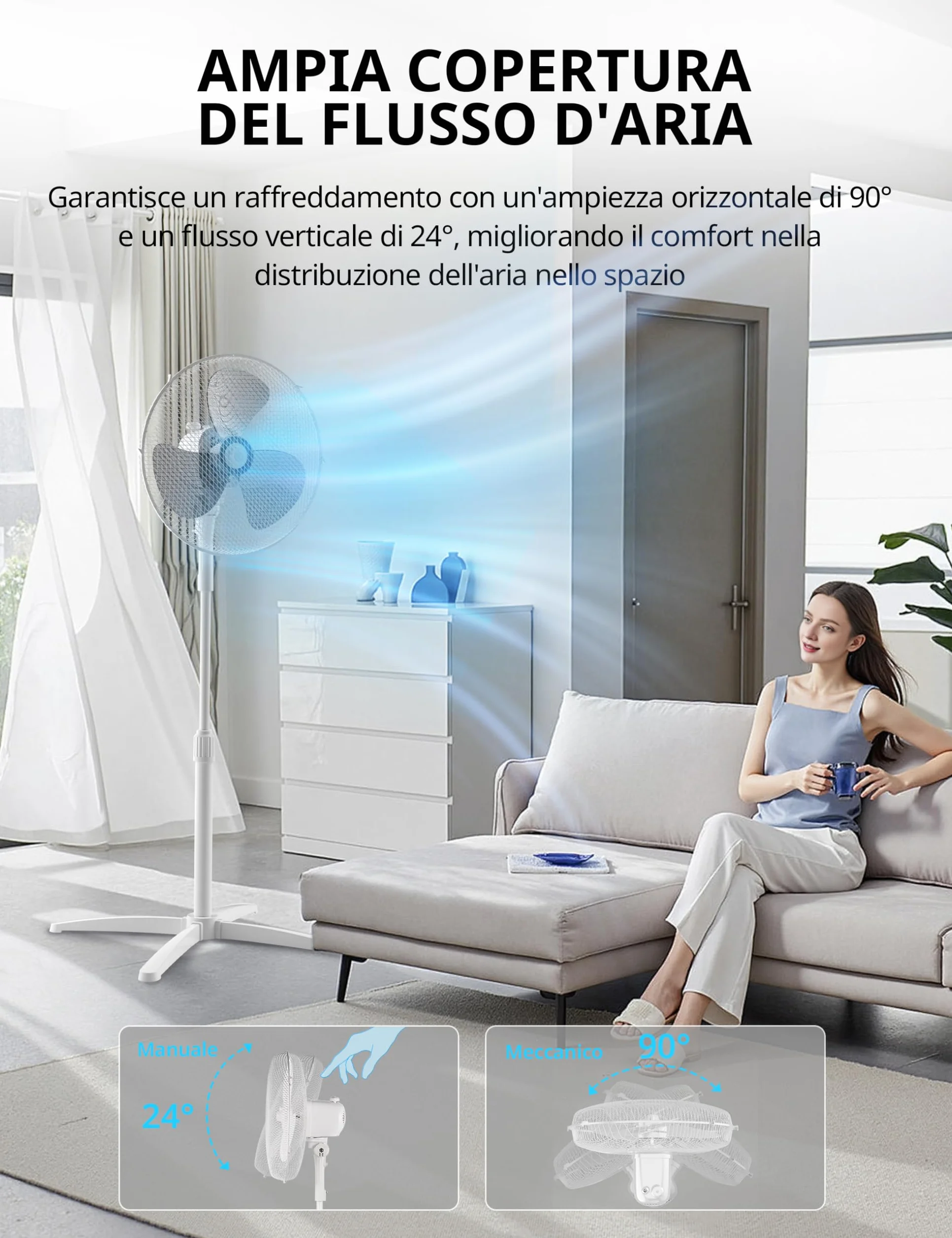 COMFEE' CFS40PW00A2 40W Ventilatore a Piantana, 3 Velocità Regolabili, Oscillazione 90°, Altezza Regolabile, Flusso d'Aria Potente e Funzionamento Silenzioso, Ideale per Casa e Ufficio, Bianco