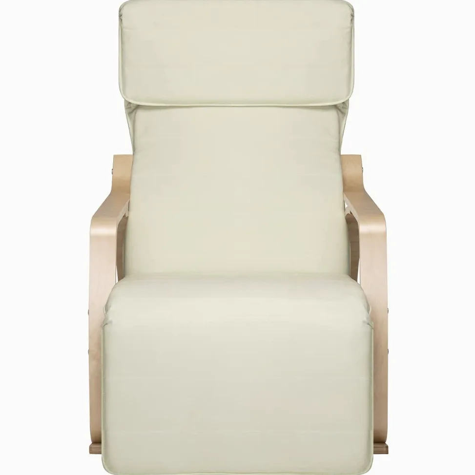 BAKAJI Sedia a Dondolo in Legno di Betulla con Rivestimento in Cotone Imbottito in Spugna Altissima Densità, Oscillante Relax con Poggiapiedi Regolabile e Cuscino, (Beige)