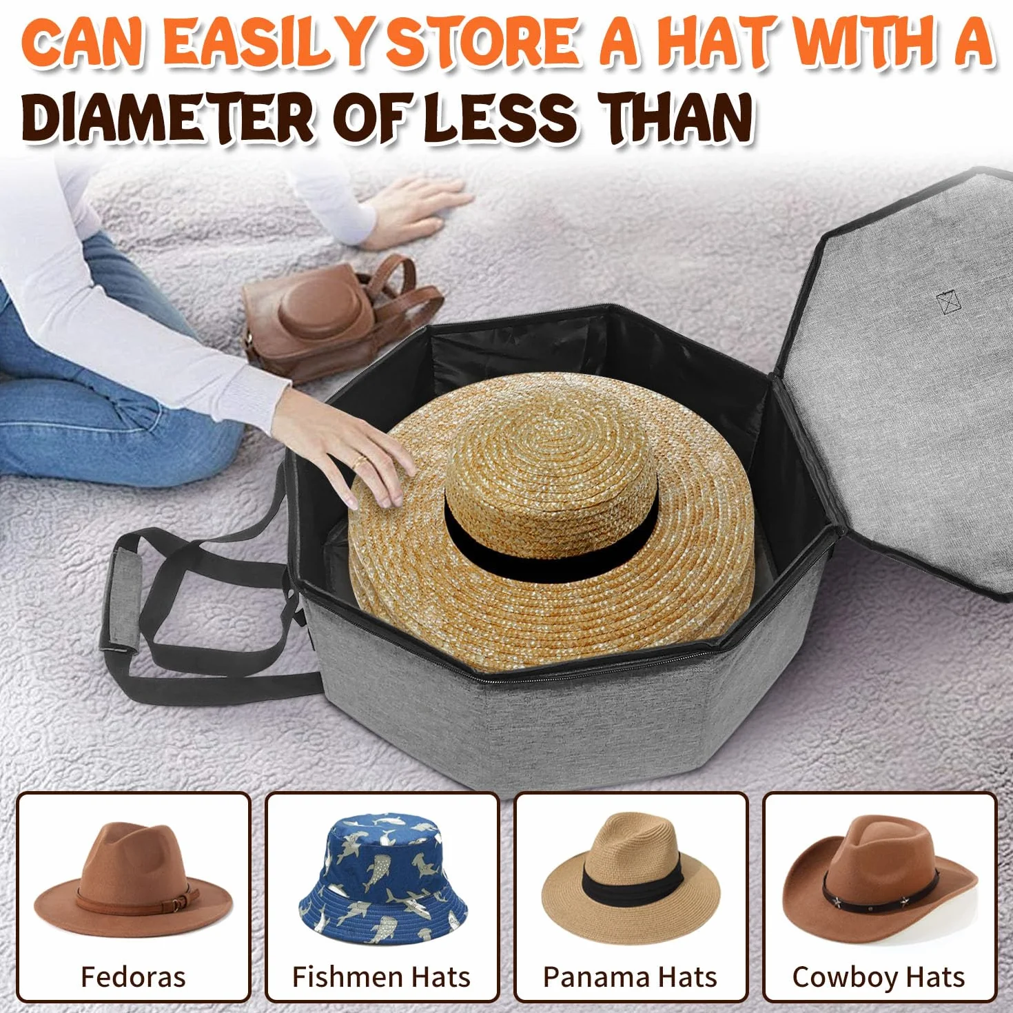 Pieghevole custodia per cappelli da viaggio con manico, contenitore grande grigio