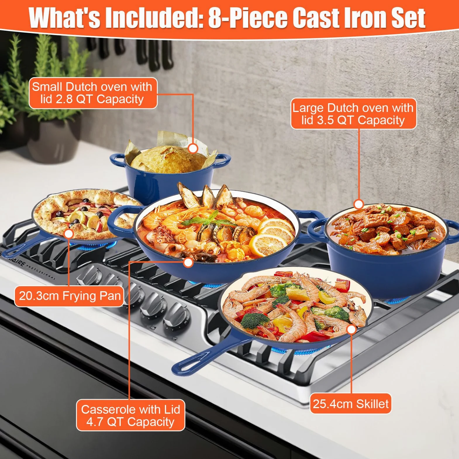 GFTIME Set di Pentole in Ghisa Smaltata – Set da 8 Pezzi Antiaderente di Casseruole e Padelle con Coperchi, Forno Olandese, Padella, Casseruola per Tutti i Tipi di Piani Cottura, Ideale per la Cottura