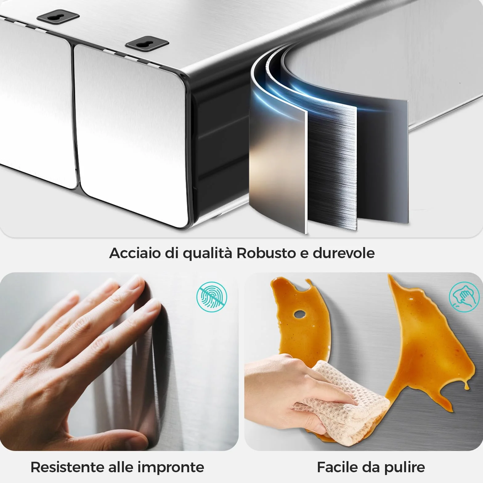 YASHE Pattumiera a Doppio Scomparto con Coperchio, 2x30L Pattumiera Differenziata per Cucina, Pedale con 20 Sacchetti, Secchi Interni Rimovibili, Soft-Close e 2 Filtri al Carbone