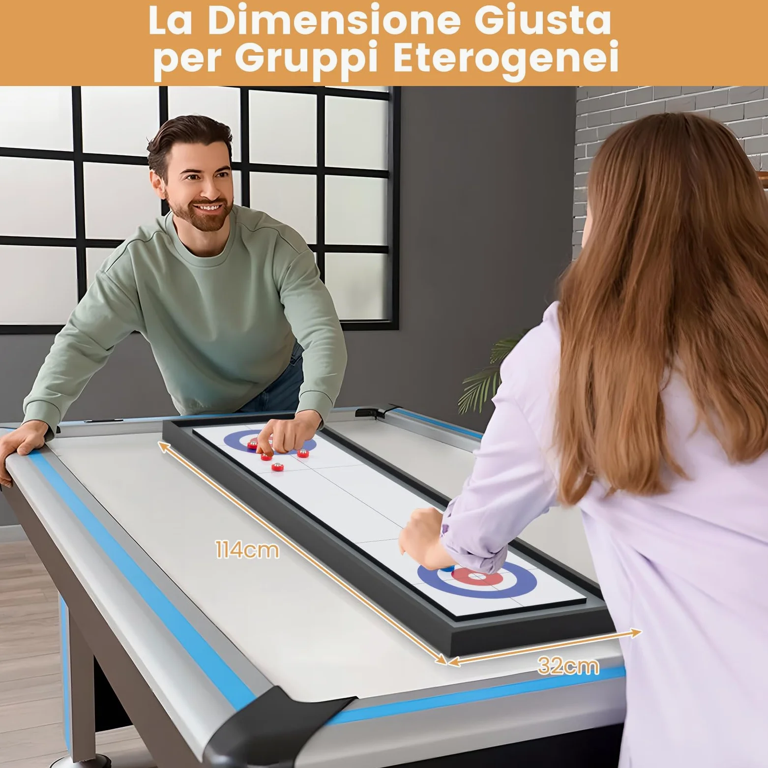 RELAX4LIFE Tavolo Multigioco 2 in 1, Numeri e Graduazioni Chiari, Bifacciale Shuffleboard e Curling con 4 Dischi Rossi e 4 Blu per Riunioni Festive in Famiglia